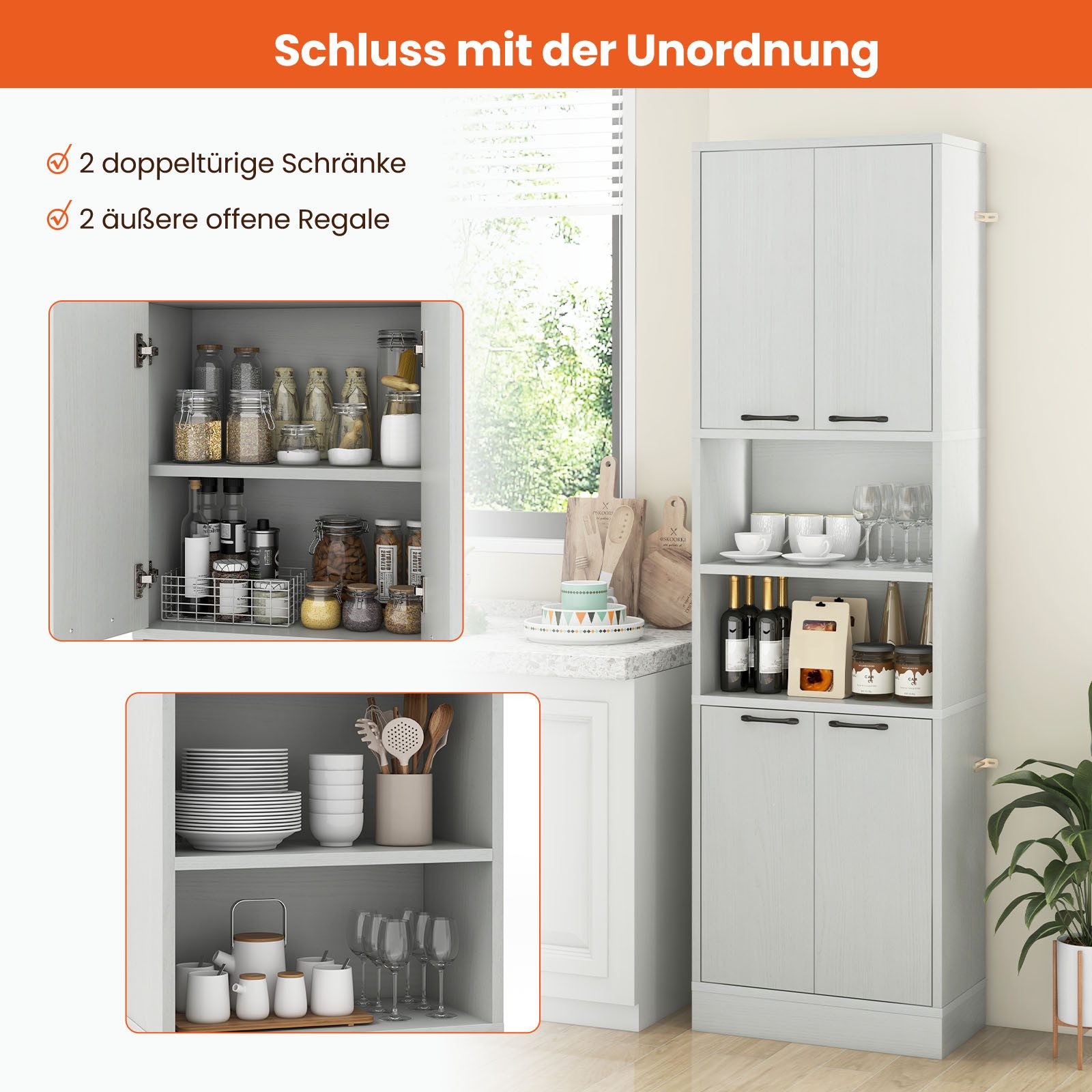 COSTWAY Küchenbuffet Hochschrank mit Türen, Regalen 56x30x190 cm – Bild 4 von 5