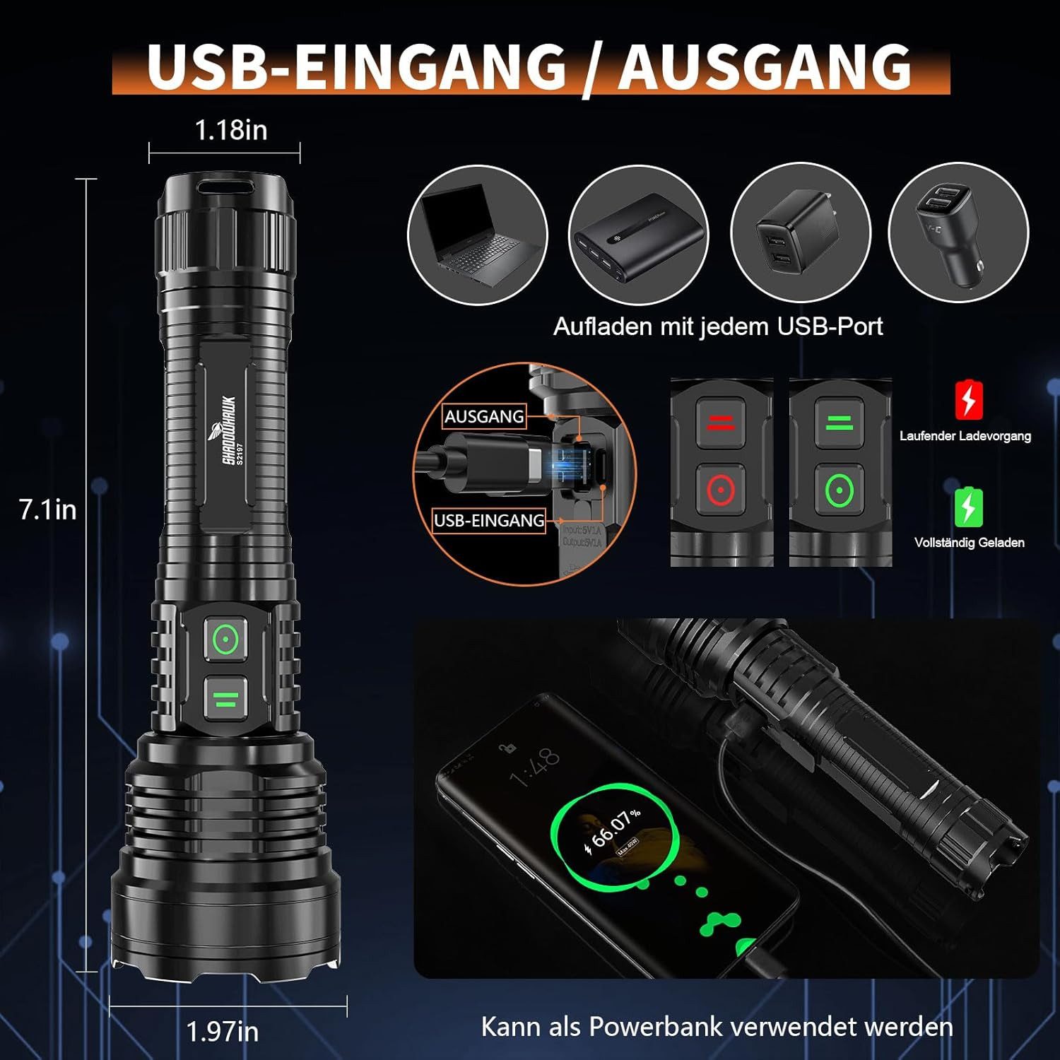 Shadowhawk LED Taschenlampe Taschenlampe Aufladbar Extrem Hell 500000 Lumen USB IP67 Outdoor Torch (Wiederaufladbares Taschenlampen-Set mit UV-Licht und 5 Lichtmodi., Enthält LED-Taschenlampe, USB-Ladekabel, Akku und Bedienungsanleitung), Energieeffizient, dimmbar, stufenlos einstellbar, warmweißes Licht