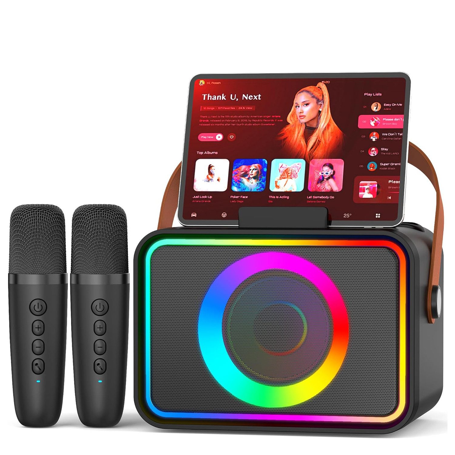 ANYSUN Karaoke Maschine mit 2 Karaoke Mikrofonen, Tragbare Karaoke Box Bluetooth-Lautsprecher (Party-Lautsprecher, Karaoke-All-in-One-Maschine, mit Lichteffekten)