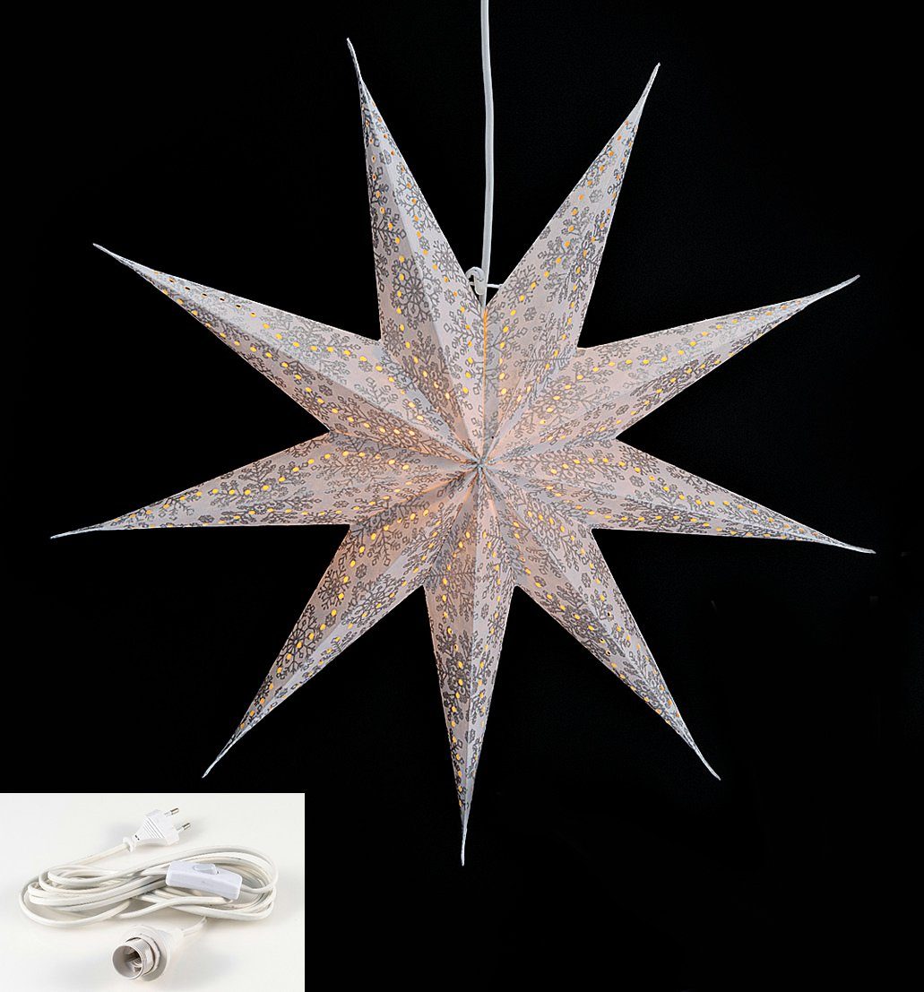Levandeo® Papiersterne, Leuchtstern 9 Zacken weiß silber 60cm Papiertstern Stern inkl