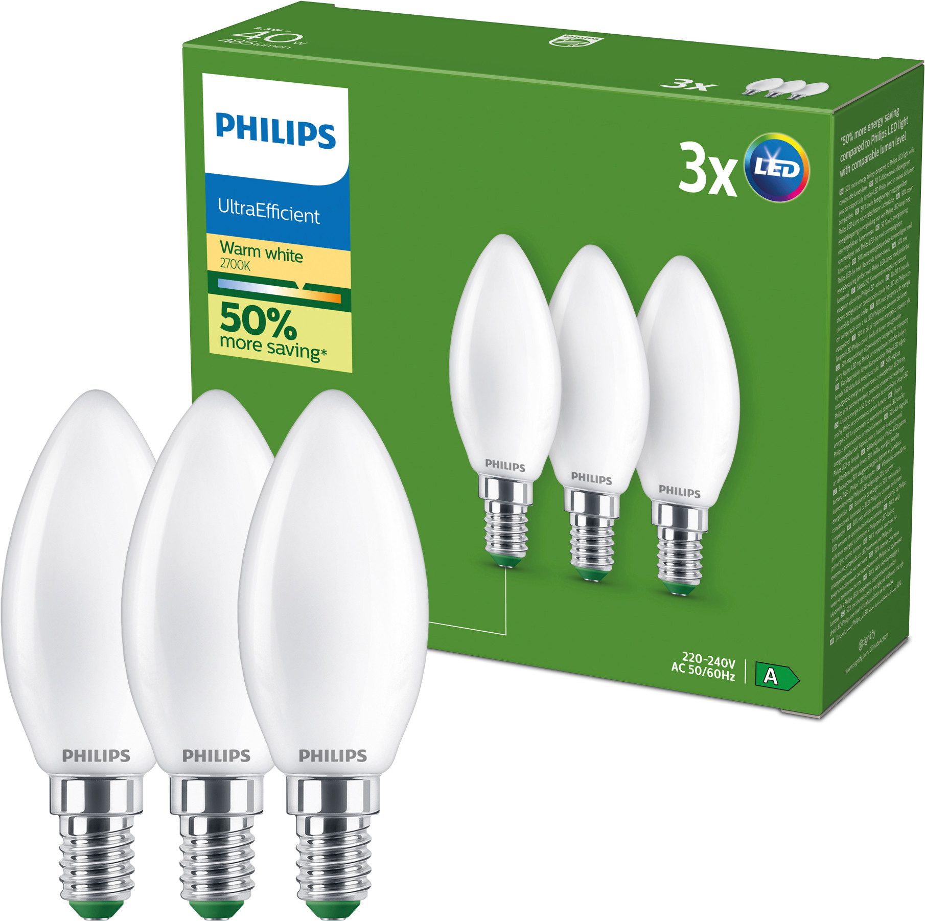 Philips LED-Leuchtmittel Ultraeffiziente E14 Lampe, 3er-Pack, 40W, Warmweiß, E14, 3 St., Warmweiß, EyeComfort, Lange Lebensdauer, Klassisches Design, Matt