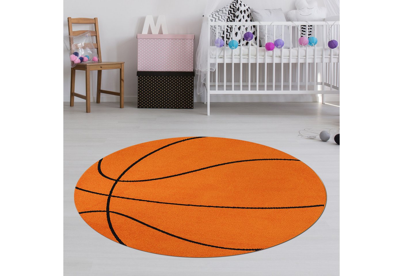 TeppichHome24 Kinderteppich Runder Basketball Teppich für Kinderzimmer in Orange Schwarz, Rund