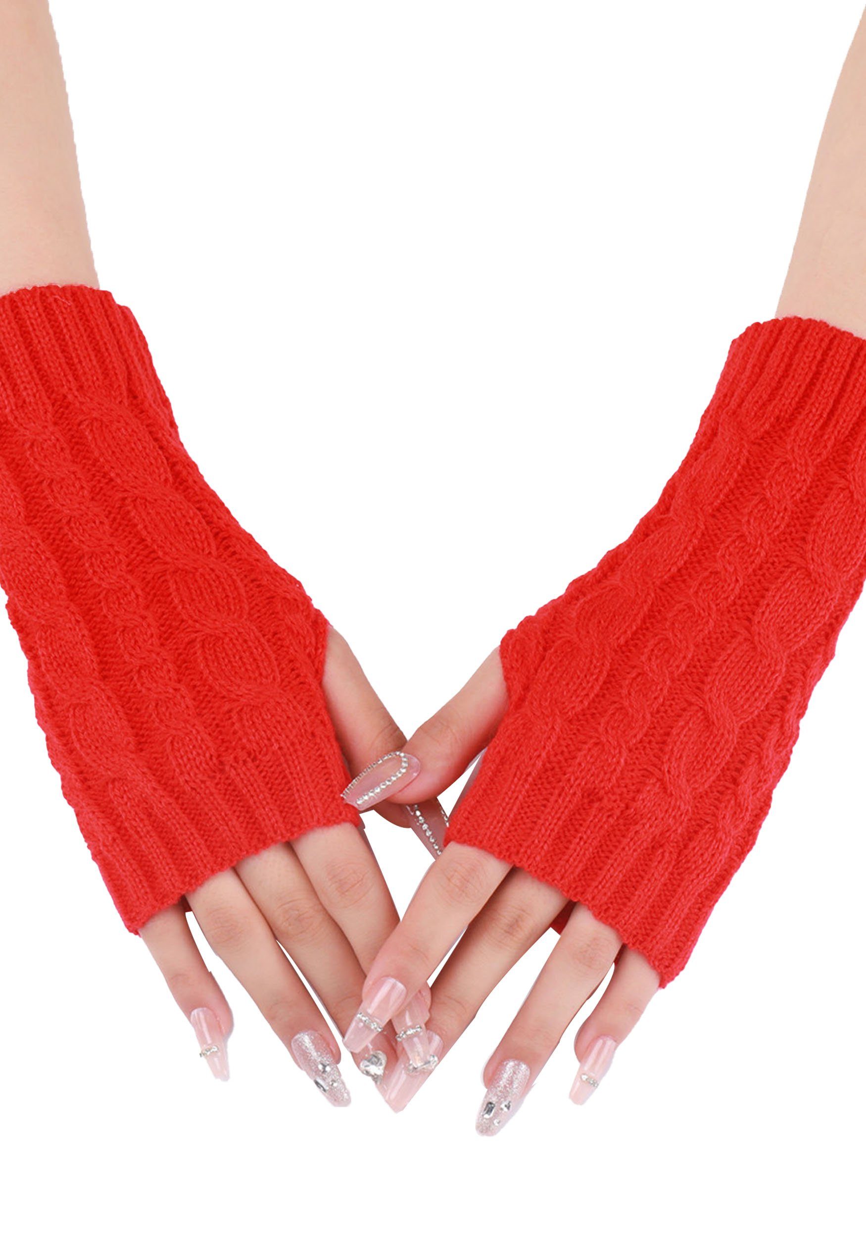 MAGICSHE Strickhandschuhe 2 Paar Gestrickte Jacquard Fingerlose Handschuhe Rot