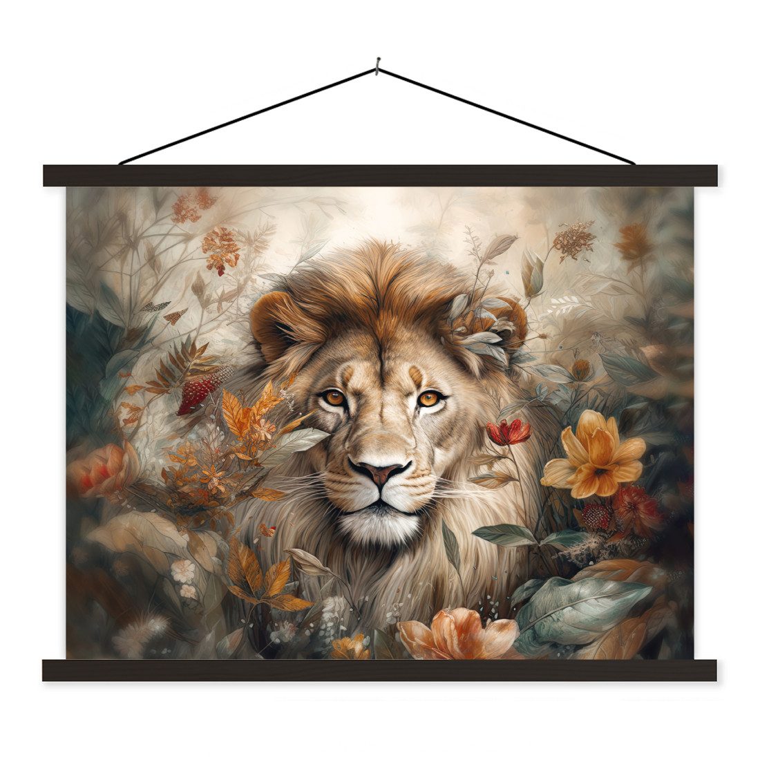 Poster Löwe - Wildtiere - Pflanzen - Natur - Blumen