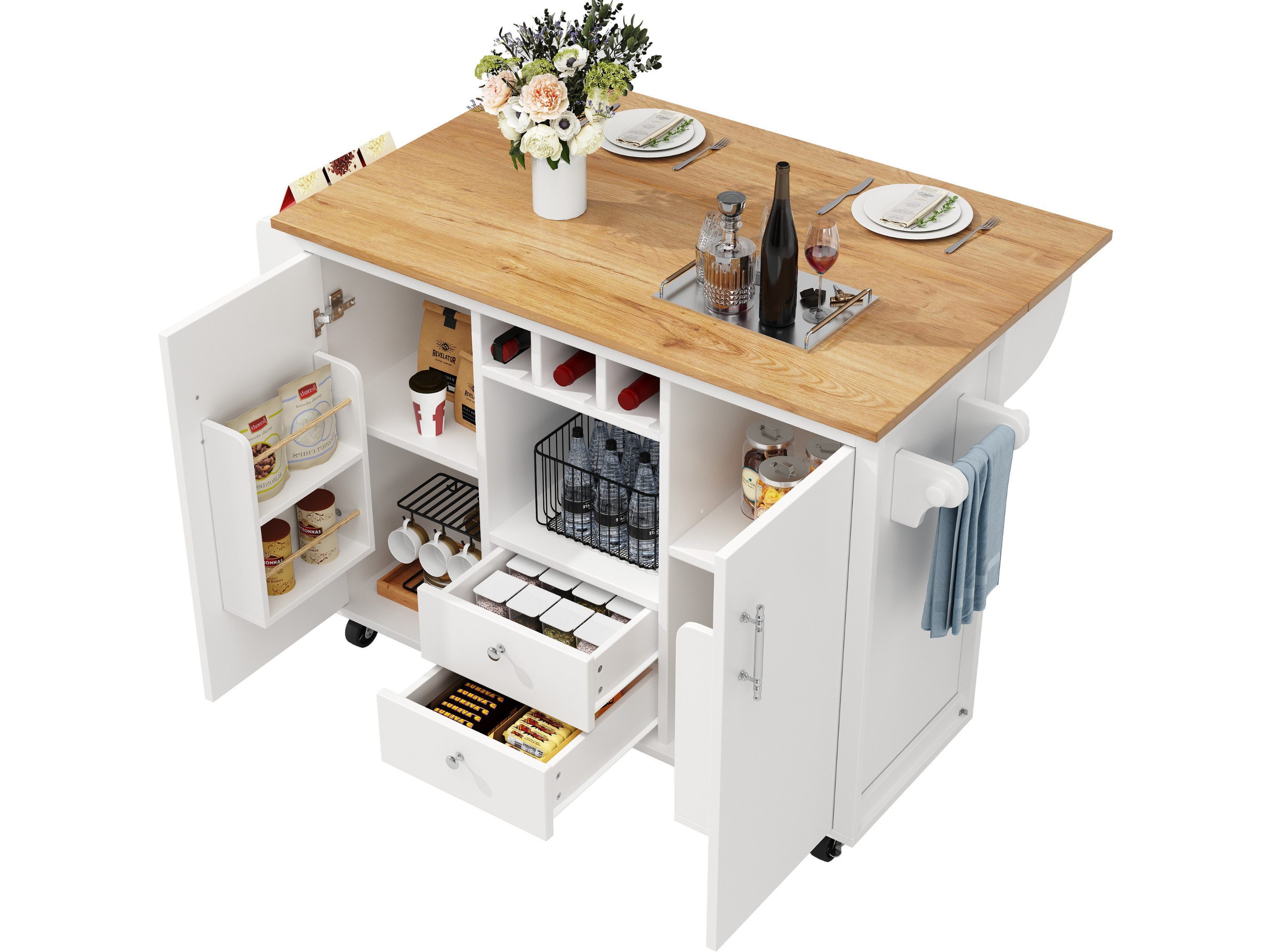 SeedWave Küchenwagen Vielseitige Kücheninsel mit 120cm Klappbarer Tischplatte, 4 Türregalen, Rollwagen mit 5 Rädern, Flaschenregalen, 2 verstellbaren Einlegeböden