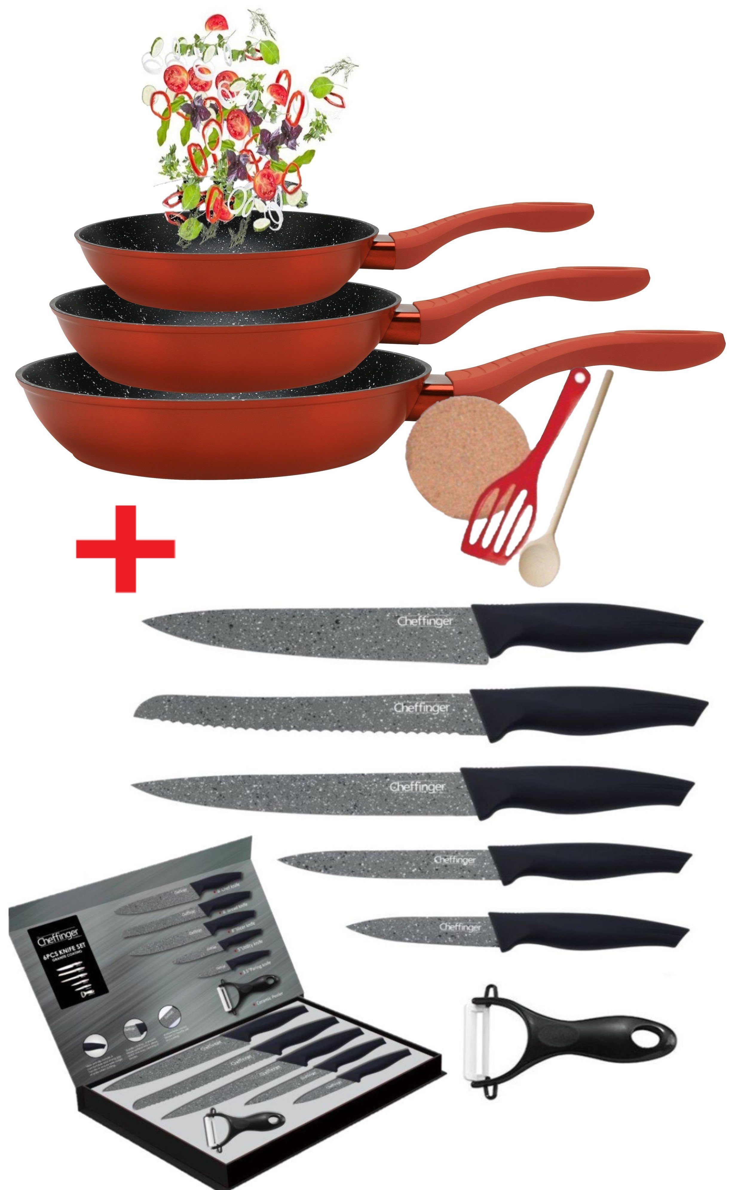 KESSMANN Pfannen-Set Induktion Pfannen + (Set, 20cm Kork-Untersetzer mit 1 24cm Messer 6tlg Antihaft), Messerblock Holzlöffel 1 Inkl. Küchen Induktionsherd Herdarten Zubehör alle Pfannenwender 1 Pfannenset 12-tlg., + + 28cm 6tlg, Aluminium Messerset