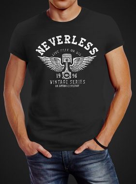 Neverless Print-Shirt Herren T-Shirt Biker Motorrad Motorblock Engine Flügel Wings Slim Fit mit Print