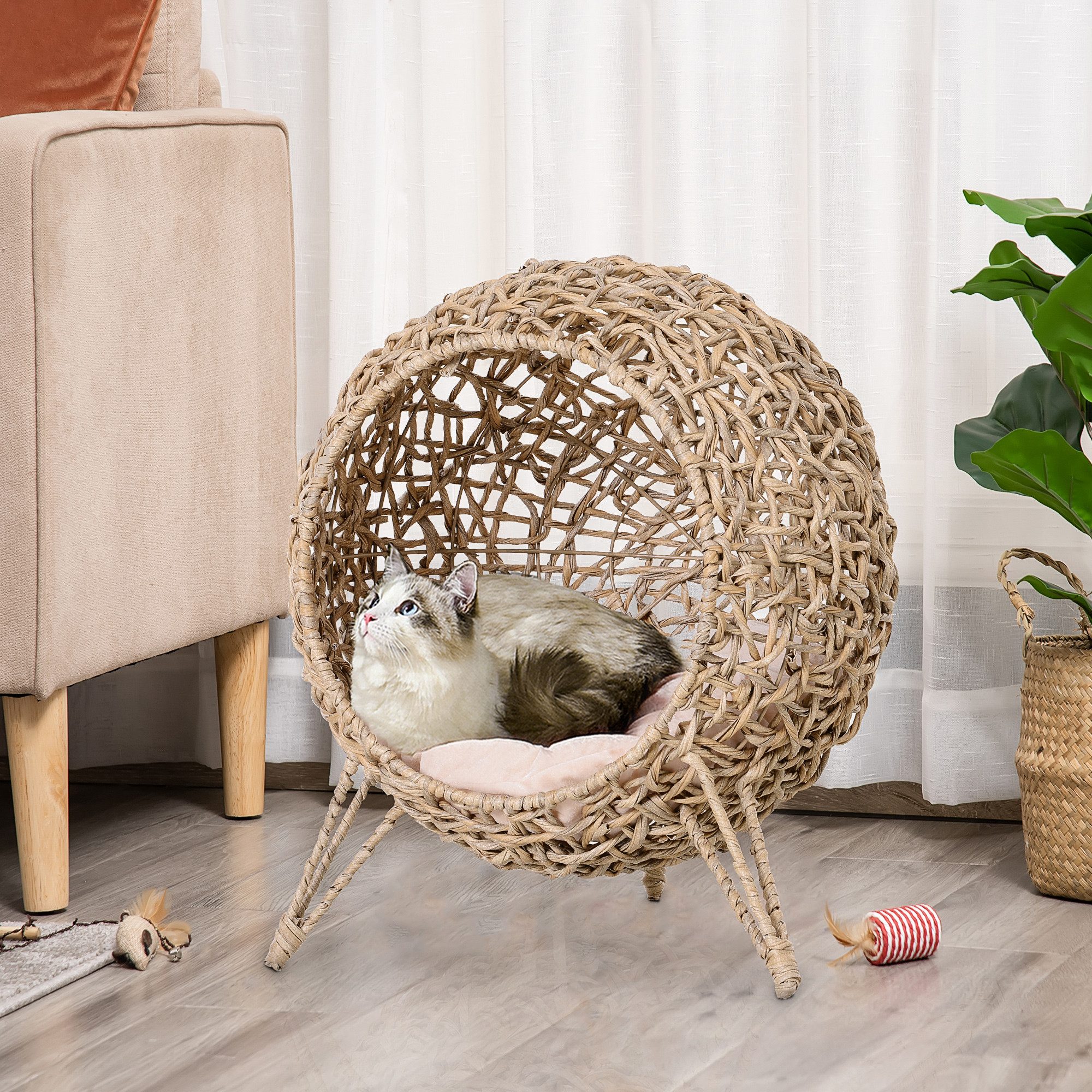 marmortrend Sehnsucht nach Einzigartigkeit Tierhaus Katzenhaus aus Rattan mit Kissen Katzenschlafplatz, 52 x 58 CM Katzenhöhle mit Erhöhten Füßen