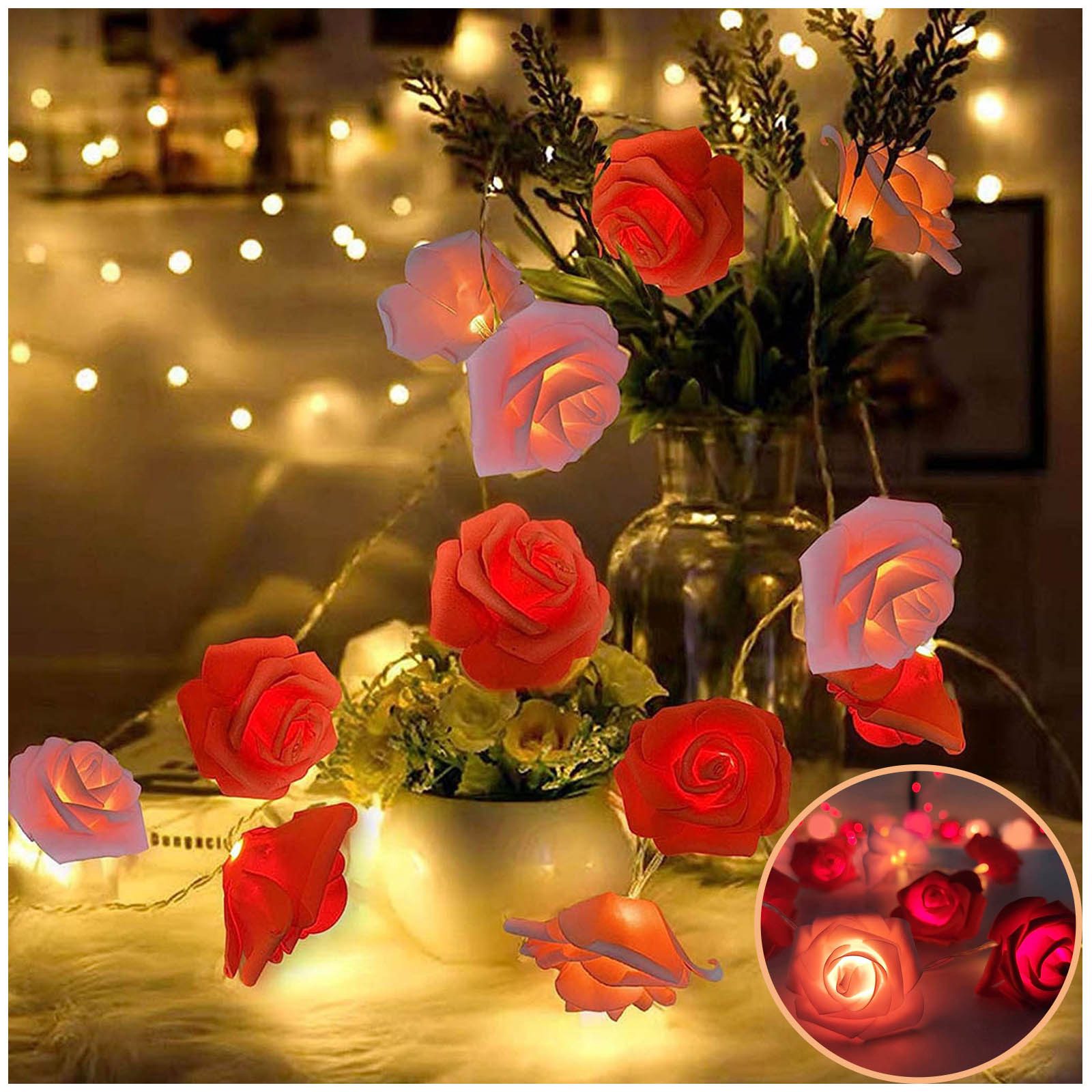 MUPOO LED-Lichterkette LED Nachtlicht 3M 20LEDs Girlande,Kunstblume Rose Warmweiß,Batterie, für Party Weihnachten,Blumengirlande Rose,LED Dekolicht