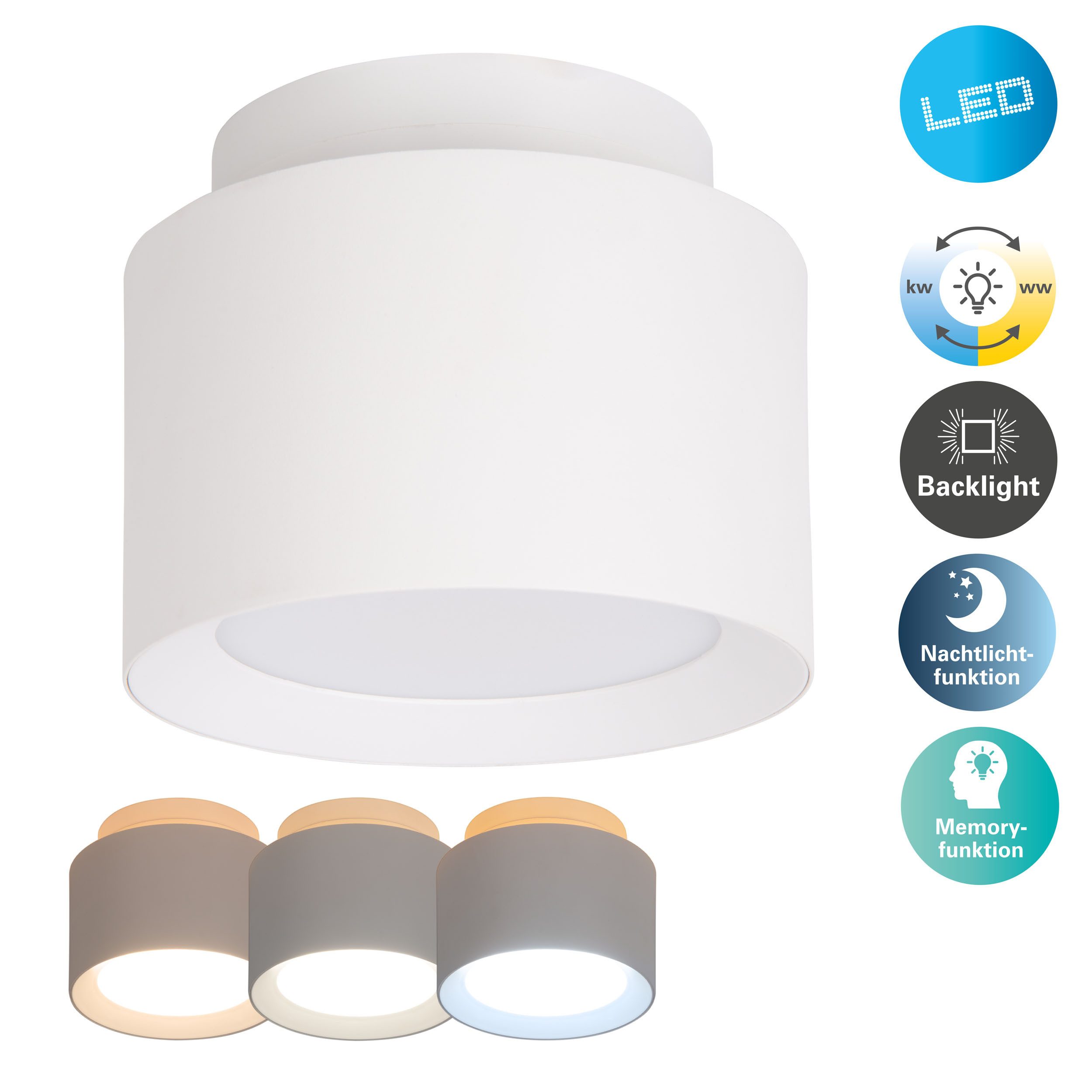 näve LED Deckenleuchte Trimes, Dimmfunktion, Memoryfunktion, Nachtlichtfunktion, LED wechselbar, warmweiß - kaltweiß, rund, dimmbar, CCT per Schiebeschalter, Nachtlicht, Backlight, Memory