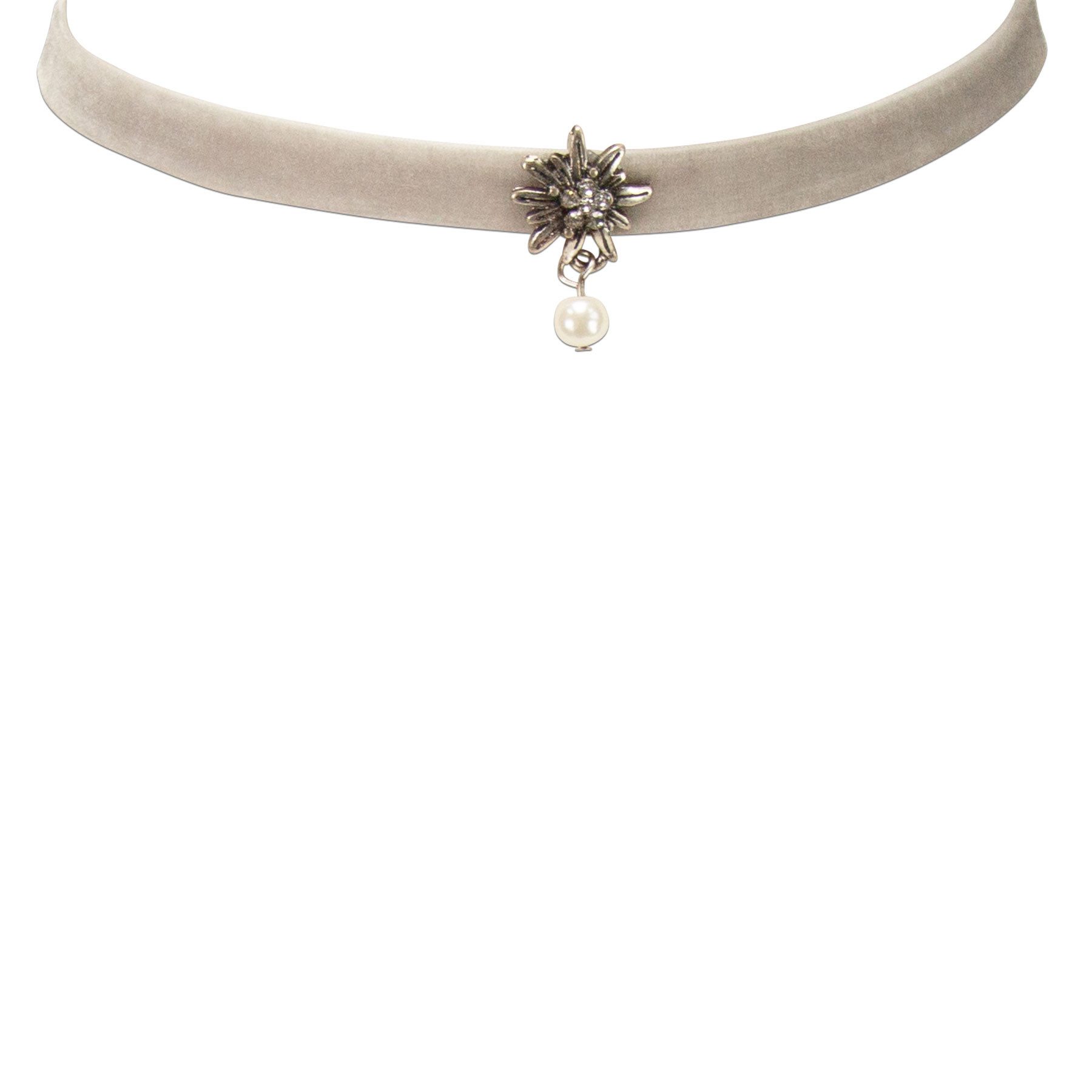 Alpenflüstern Choker Trachten-Samt-Kropfband Strass-Edelweiß Perle (grau), - nostalgische Trachtenkette enganliegend, Kropfkette elastisch, Damen – Bild 2 von 3