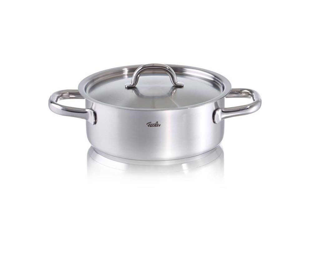 Fissler Topf-Set Family Line, Edelstahl 18/10 (Set, 9-tlg., 1 Bratentopf 20 cm, je 1 Kochtopf 16/20/24 cm, 1 Stielkasserolle 16cm), extra breiter Schüttrand