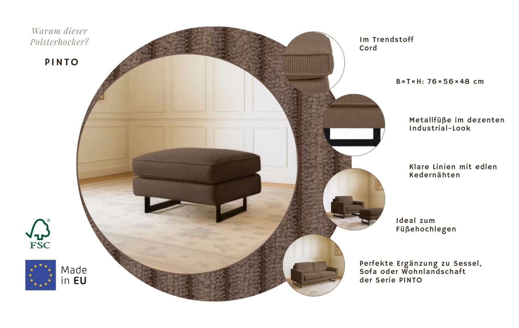 Home affaire Polsterhocker Pinto, mit Keder, Metallfüßen und auch in Cord Bezug erhältlich
