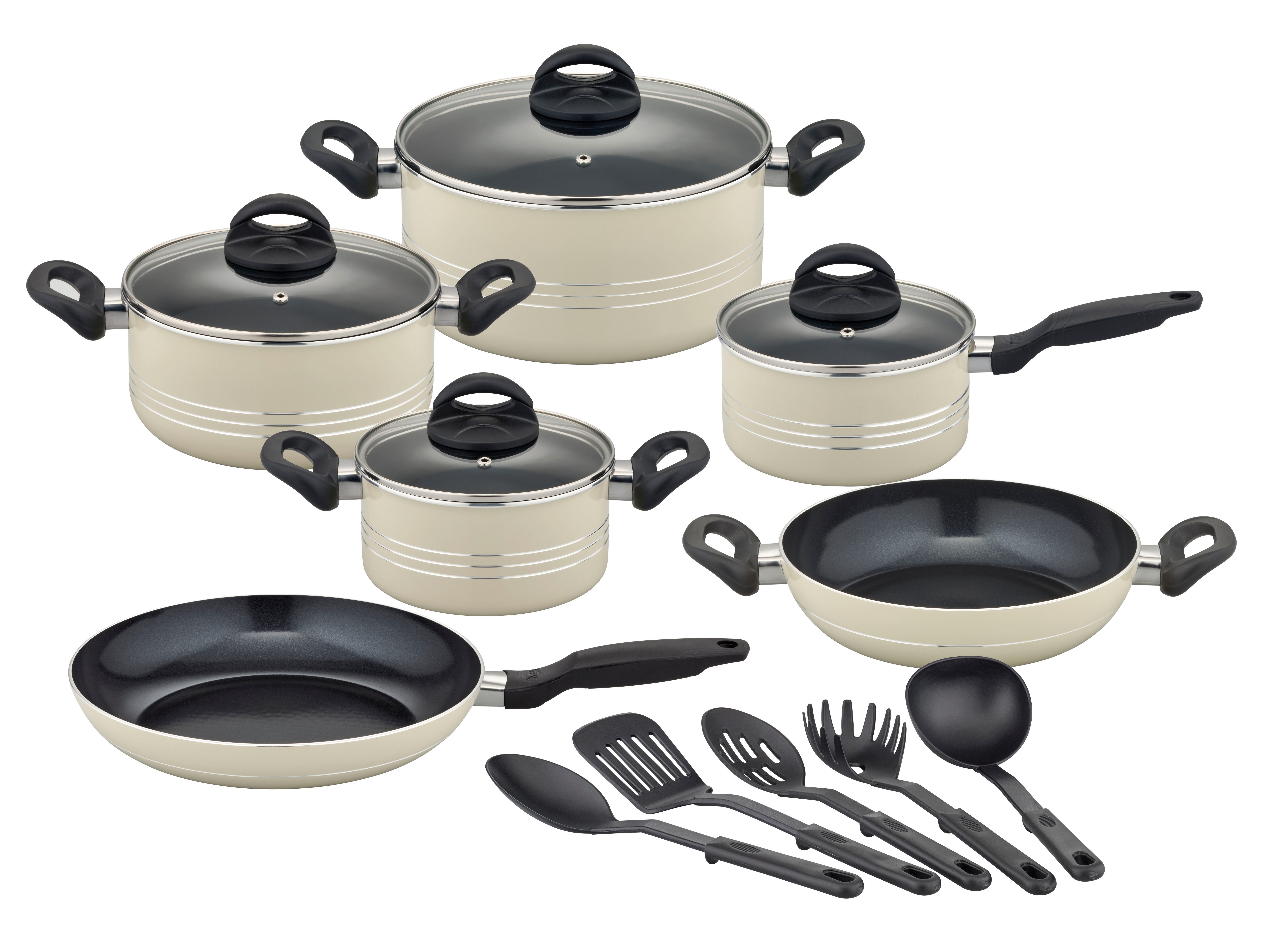 GSW Topf-Set Milano, inkl. 5-teiliges Küchenhelfer-Set, Aluminium, Kunststoff (Set, 15-tlg., je 1 Kochtopf 16/20/24cm, 1 Stielkasserolle 16cm, je 1 Pfanne 24/28cm), Kochtopf-Set mit Antihaft-Versiegelung, Induktion