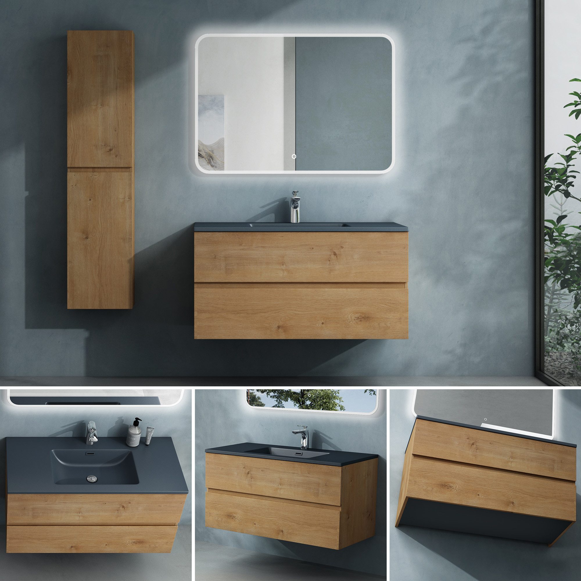 doporro Badmöbel-Set Badezimmermöbel Badezimmer inkl. matt Anthrazit Waschbecken Waschtisch – Bild 3 von 5