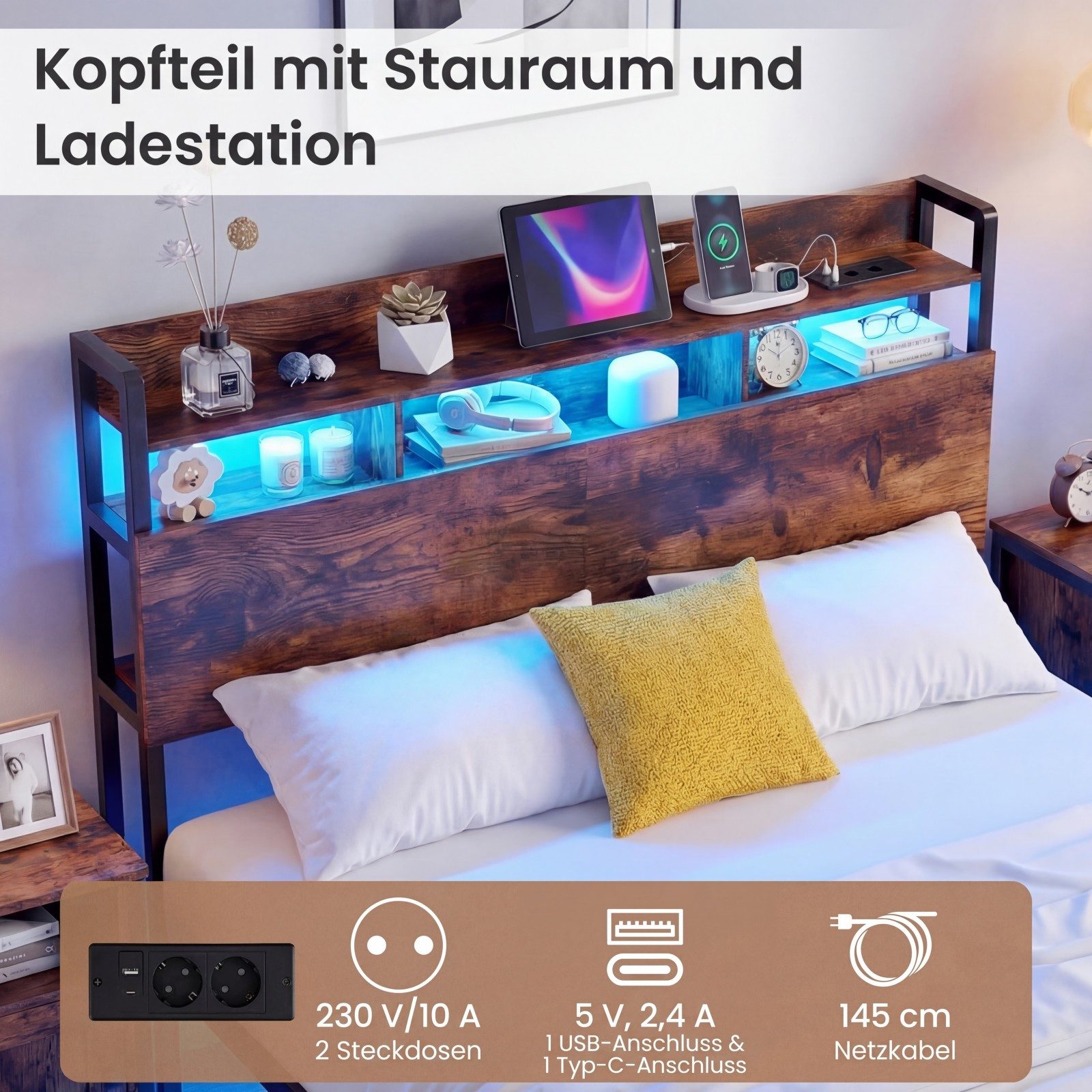 COSTWAY Bettgestell (1-tlg), Bettrahmen, Doppelbett, mit LED & Ladestation, 140x200cm