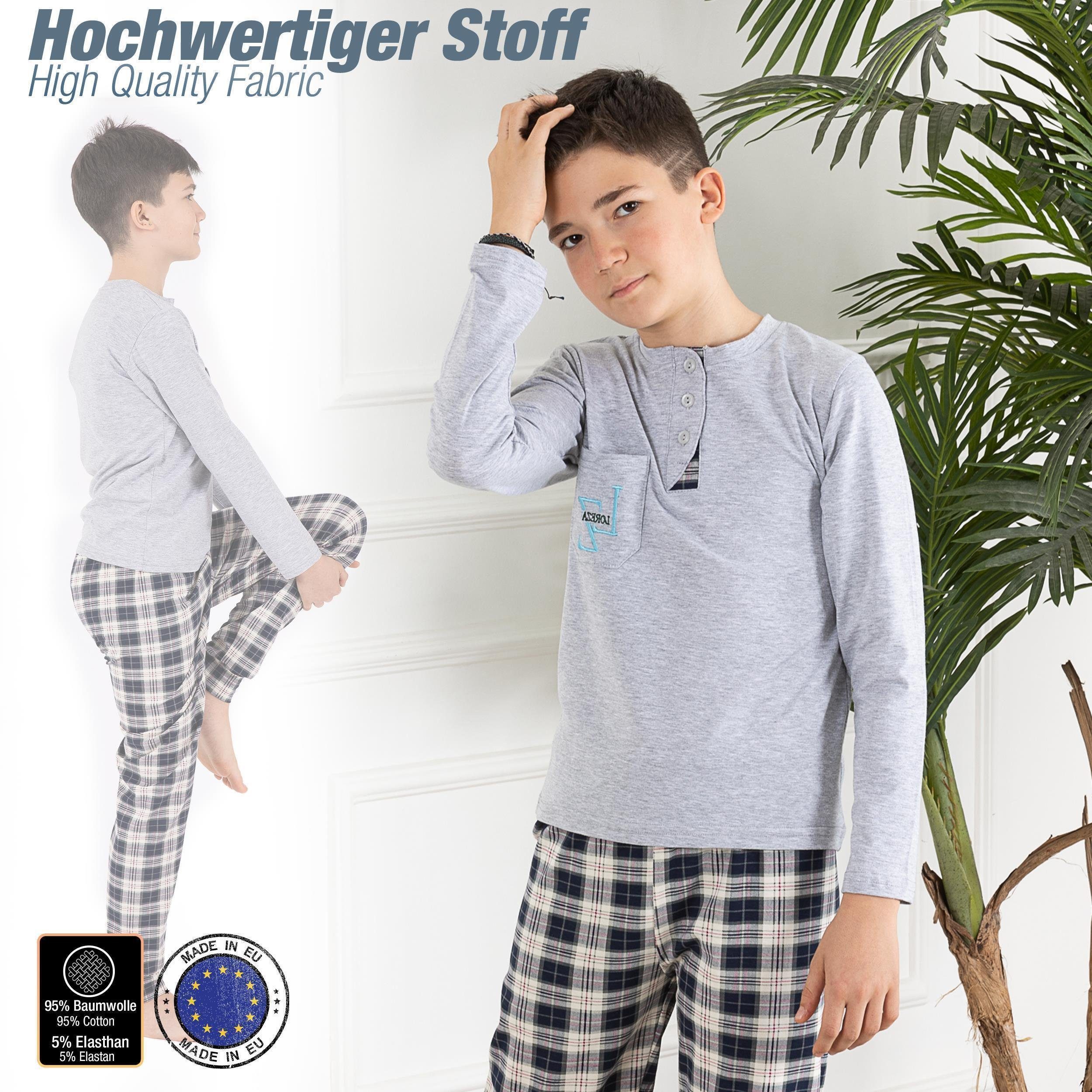 LOREZA Pyjama Jungen Schlafanzug zweiteilig Langarm - Kariert - Mehrfarbig (Set, 2 tlg)