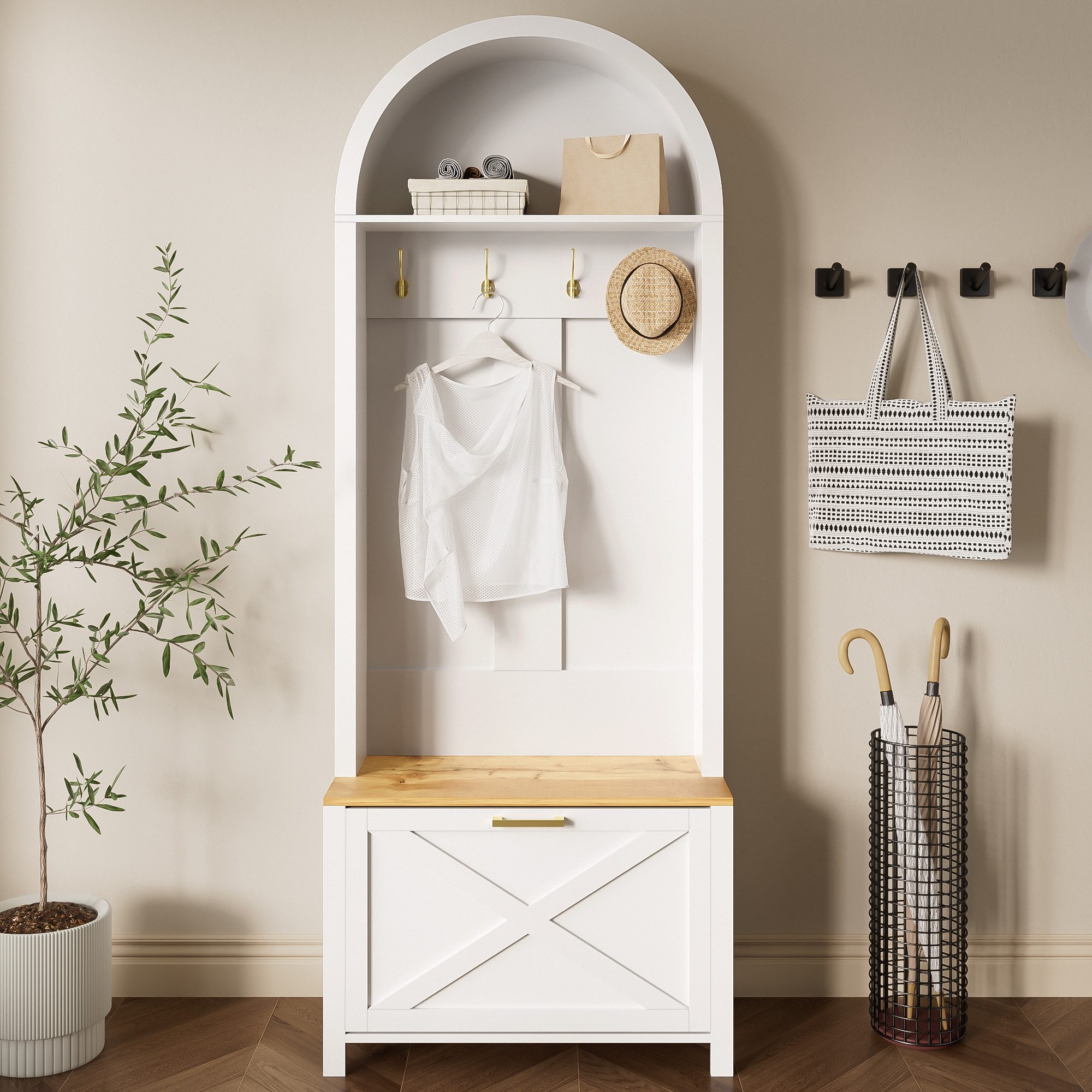 Merax Garderoben-Set mit Schuhregal, Ablage & Haken, (Garderobenkombination Möbelset Eingangsbereich-Schrank, 1-St., 75x35x195cm), Flurschrank Garderobenschrank mit Eisenfuß,für Eingangsbereich & Diele