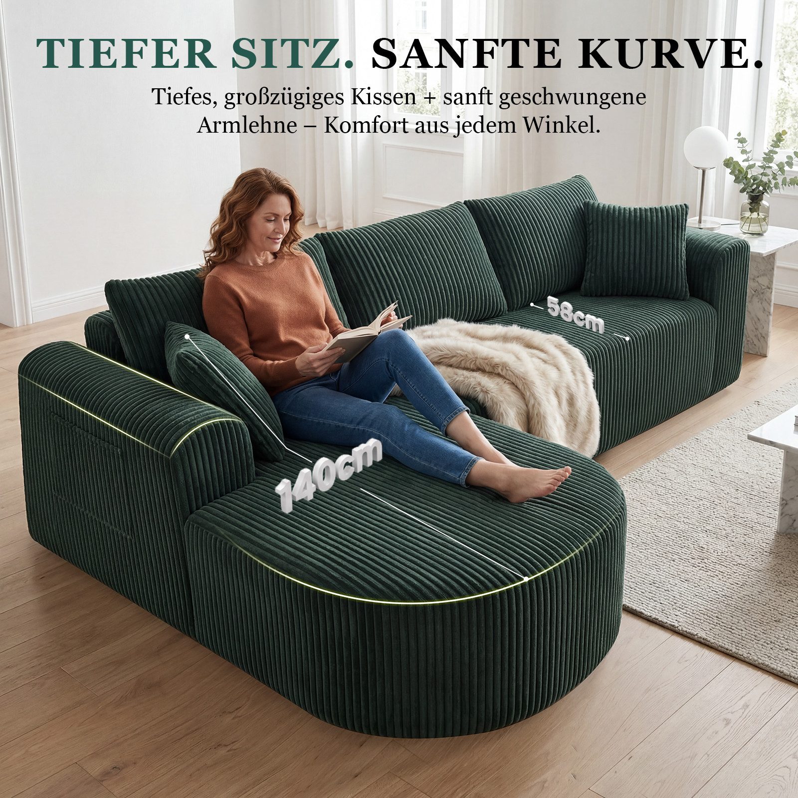 COMHOMA Sofa Ecksofa mit Schlaffunktion, Corduroy Modulares Boneless Couch, mit Chaiselongue, L-Form Schlafsofa, Sektionssofas mit Kissen & Seitentaschen