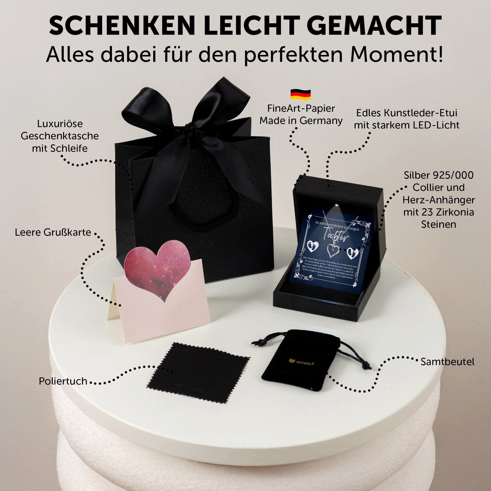 22Feels Schmuckset Babyshower Geschenk Tochter Schwangerschaft Werdende Mama Halskette (Geschenkset), Silber 925/000, Geschenkset Made In Germany, Premium Licht Etui