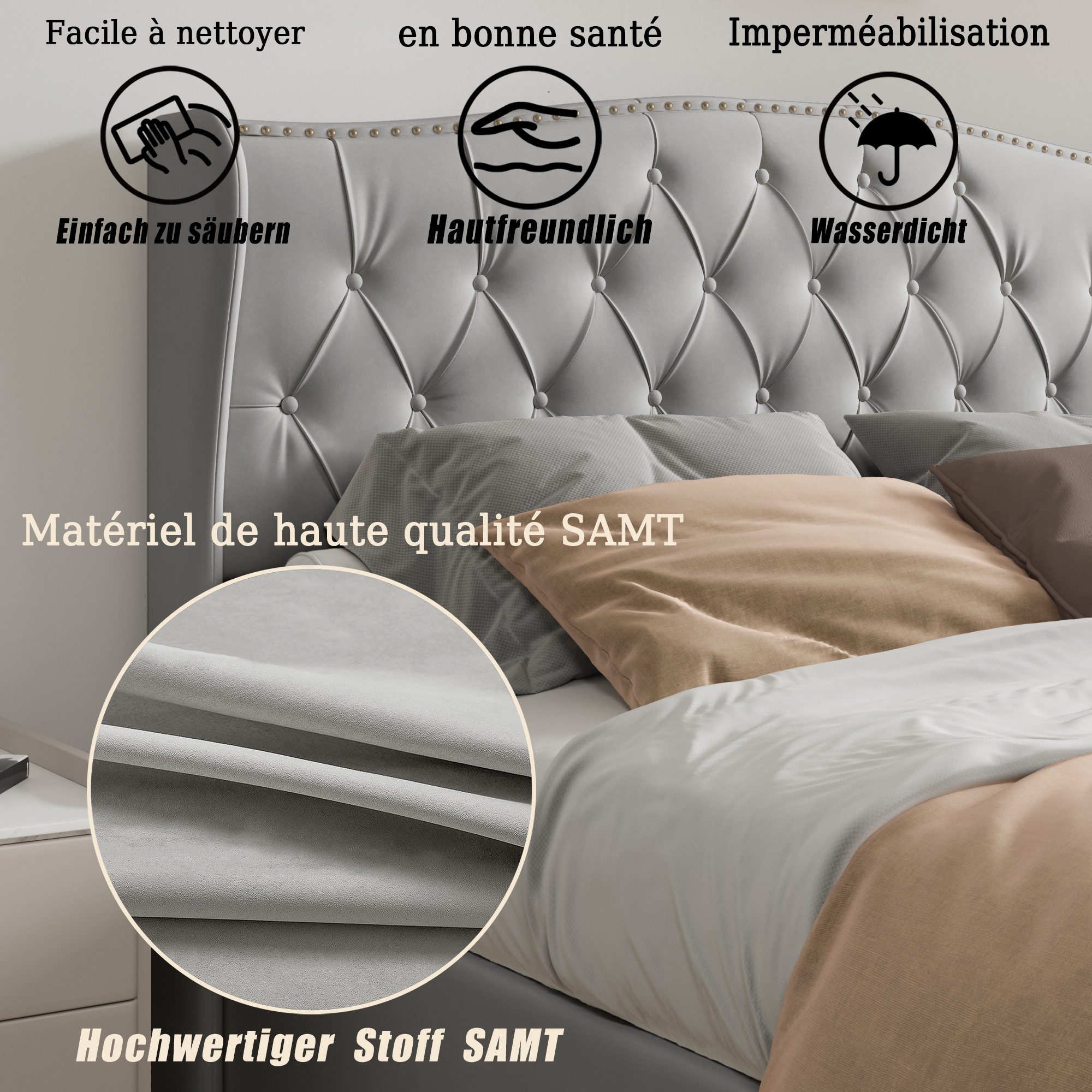 Furnishings Home Polsterbett Stauraumbett Doppelbett mit Bettkasten (Hydraulisch hebbarem Stauraum), Moderner Stil, Mit Stauraum, Lattenrost, Samt, 140x200 cm – Bild 5 von 5