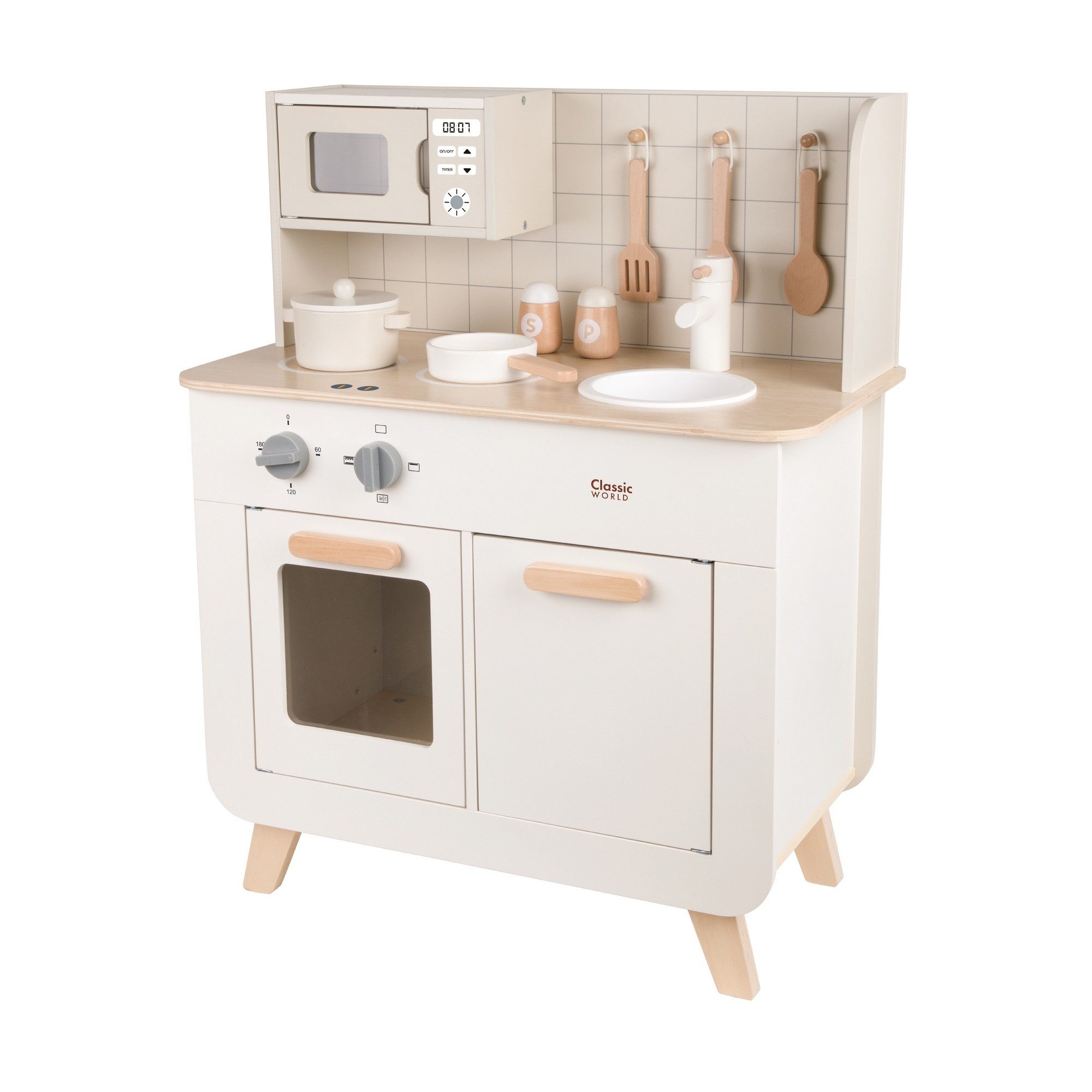 Classic World Spielküche Classic World - Kinderküche Chef - 58x30x71,8cm - ab 3 Jahre Schichtholz, Teebaumholz, MDF, aus Holz