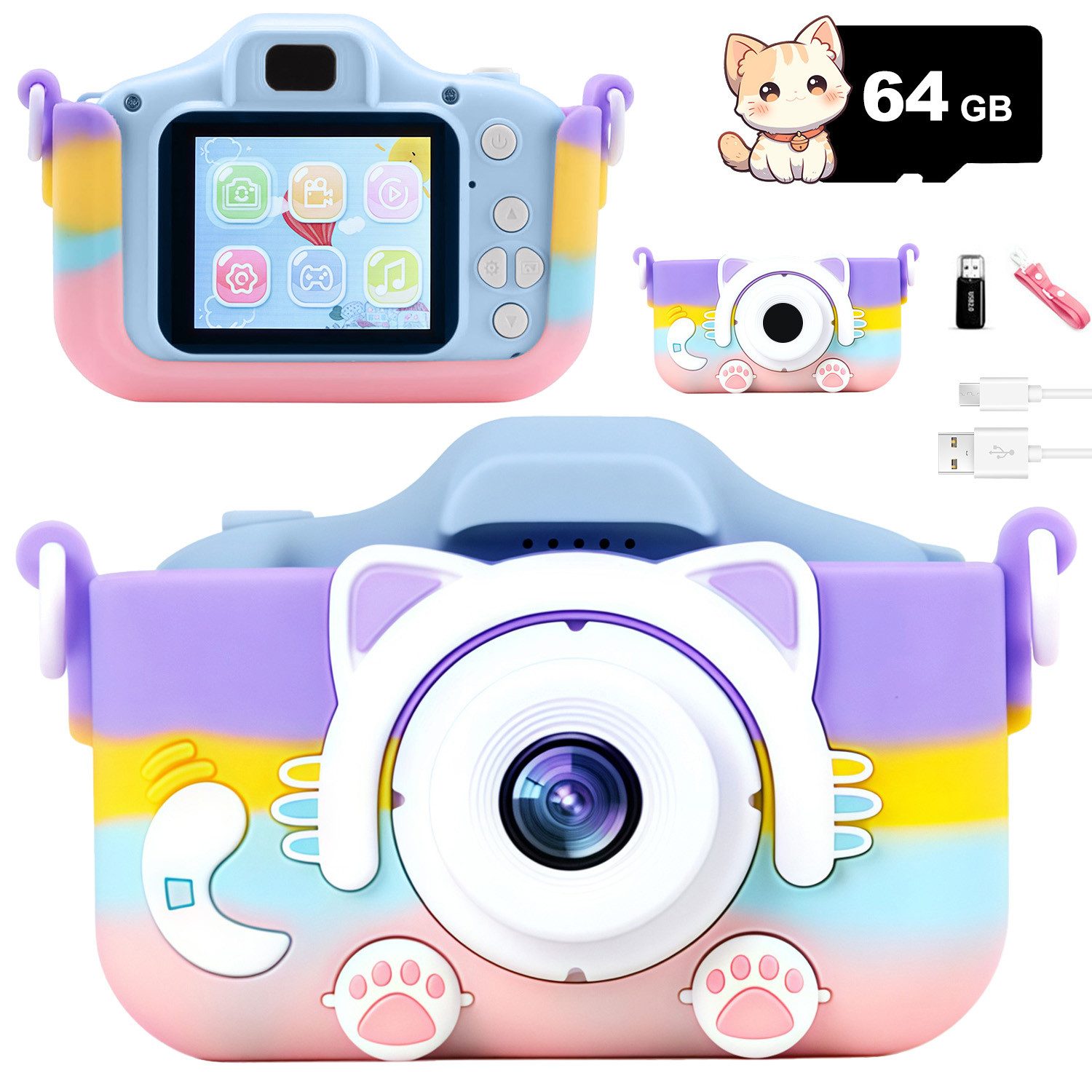 MOPUEA Digitalkamera Spielzeug-Kamera Anti-Drop Selfie Digital Video Kamera Kinderkamera (1080P HD Fotoapparat Plastik Kinderkamera mit Dual Lens, mit 64 GB SD-Karte und Silikonhülle, Bluetooth, inkl. für Jungen Mädchen 3-12 Jahre Spielzeug (Rosa), 48MP Display Digitalkamera Kinder)