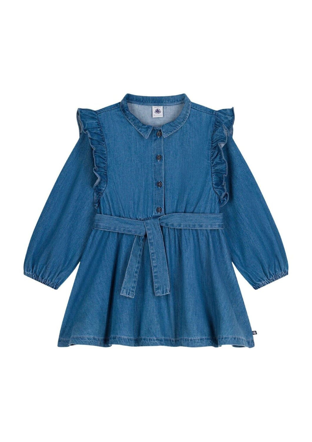 Petit Bateau A-Linien-Kleid Petit Bateau langärmeliges Denim Kleid für Kinder mit Kragen, Rüschen