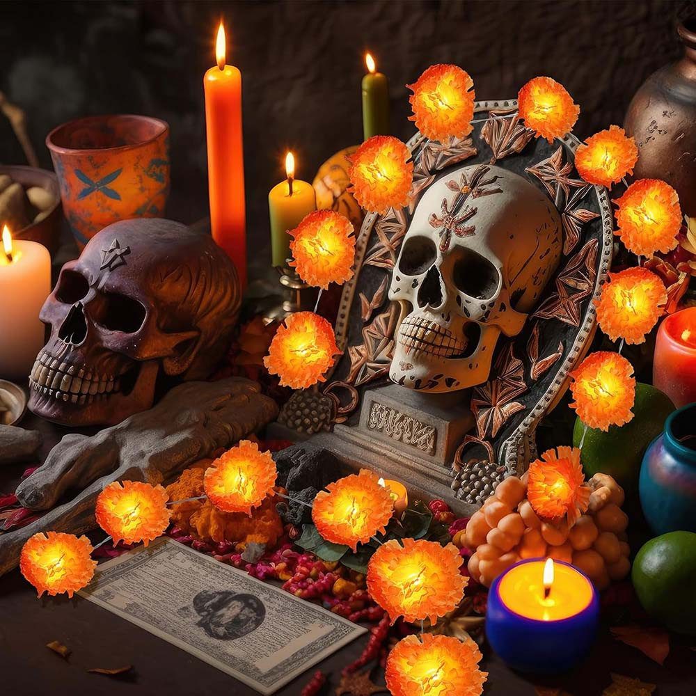 MUPOO LED-Girlande Ringelblume Halloween LED Lichterkette Batteriebetriebene, Kunstblumen Fairy Lights, Totensonntag Diwali Halloween Аксесуари для будинку