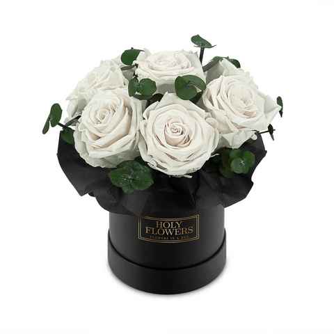 Kunstblume Rosenbox Bouquet mit 7-9 Infinity Rosen Eukalyptus, 1- 3 Jahre haltbar Infinity Rose, Holy Flowers, Höhe 18 cm