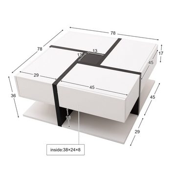 Merax Couchtisch mit versteckten Schubladen, Beistelltisch mit geometrische Design, hochglänzend mit Sockel, Wohnzimmetisch, B/H/T: 78/36/78m