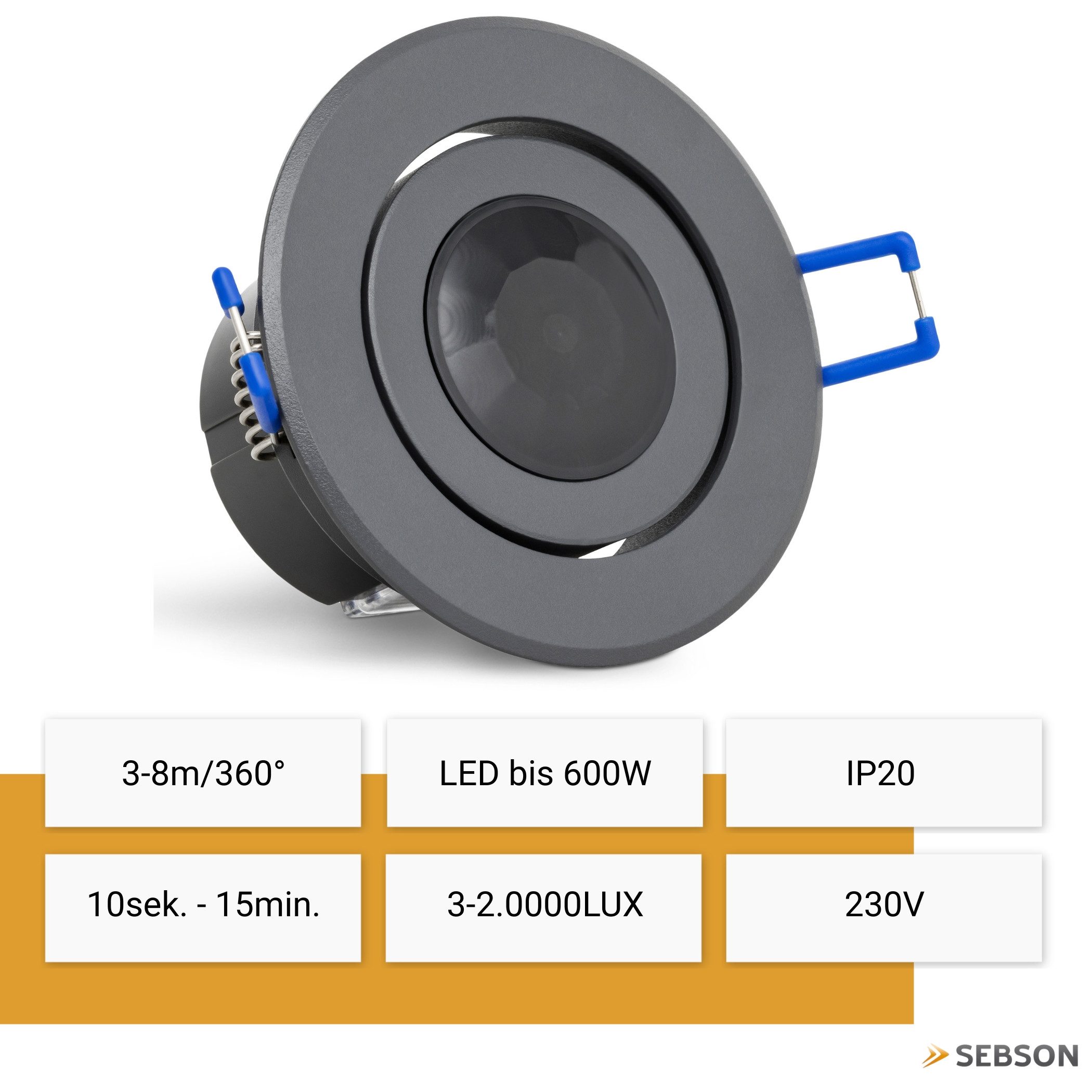 SEBSON Bewegungsmelder Infrarot Sensor Unterputz Decke - programmierbar Reichweite 8m 360°, (1-St), Einbauloch Ø65-75mm, LED geeignet 600W, IP20, 230V, 3 Draht – Bild 2 von 5