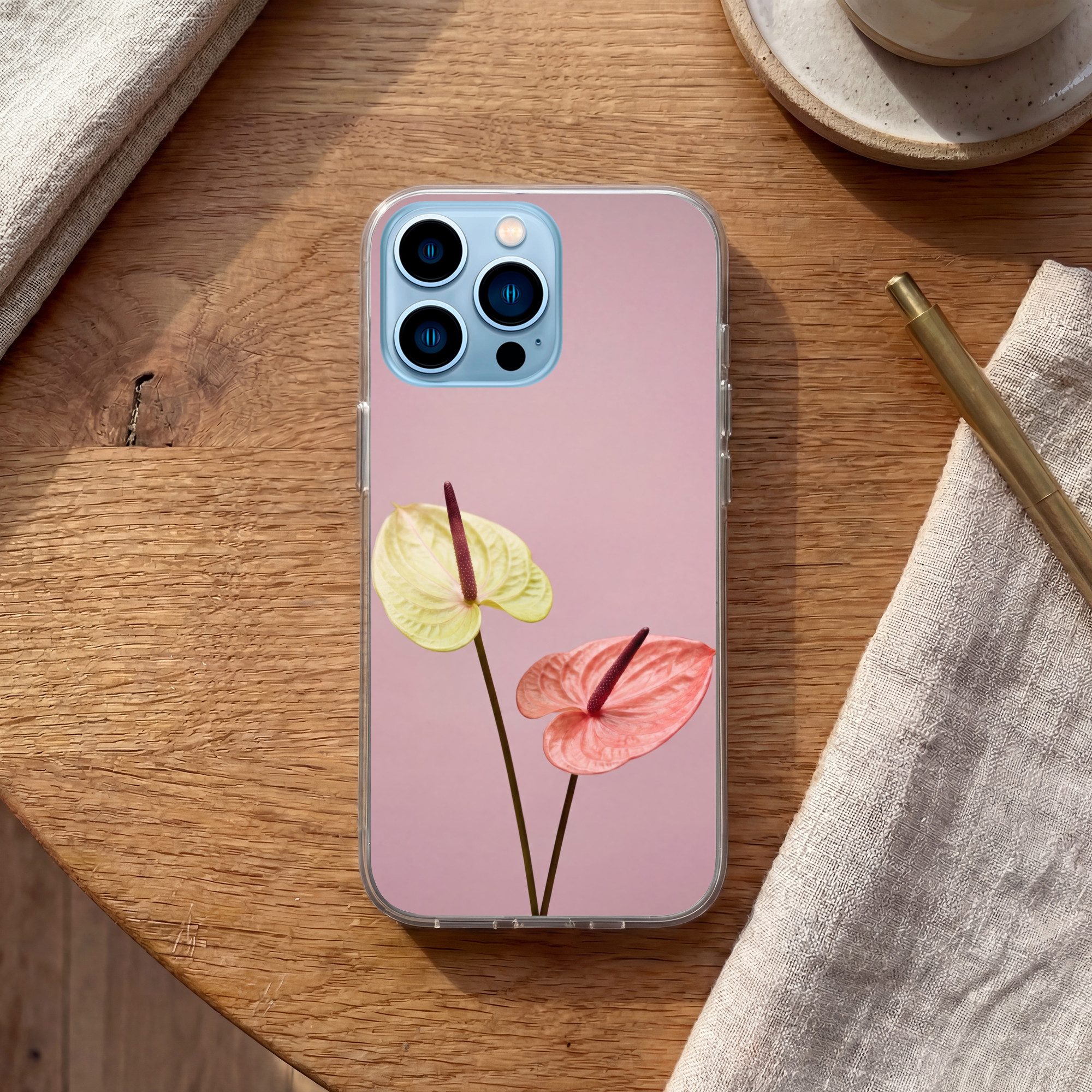 MuchoWow Handyhülle für Apple iPhone 13 Pro Blumen - Anthurien - Gelb - Rosa, Smartphone-Bumper, Print, Handy Schutzhülle Dünn