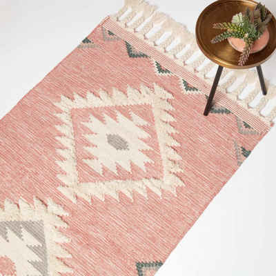Wollteppich Handgewebter Kelim Teppich Pali – 90 x 150 cm, rosa-grau gemustert, Homescapes, Höhe: 20 mm