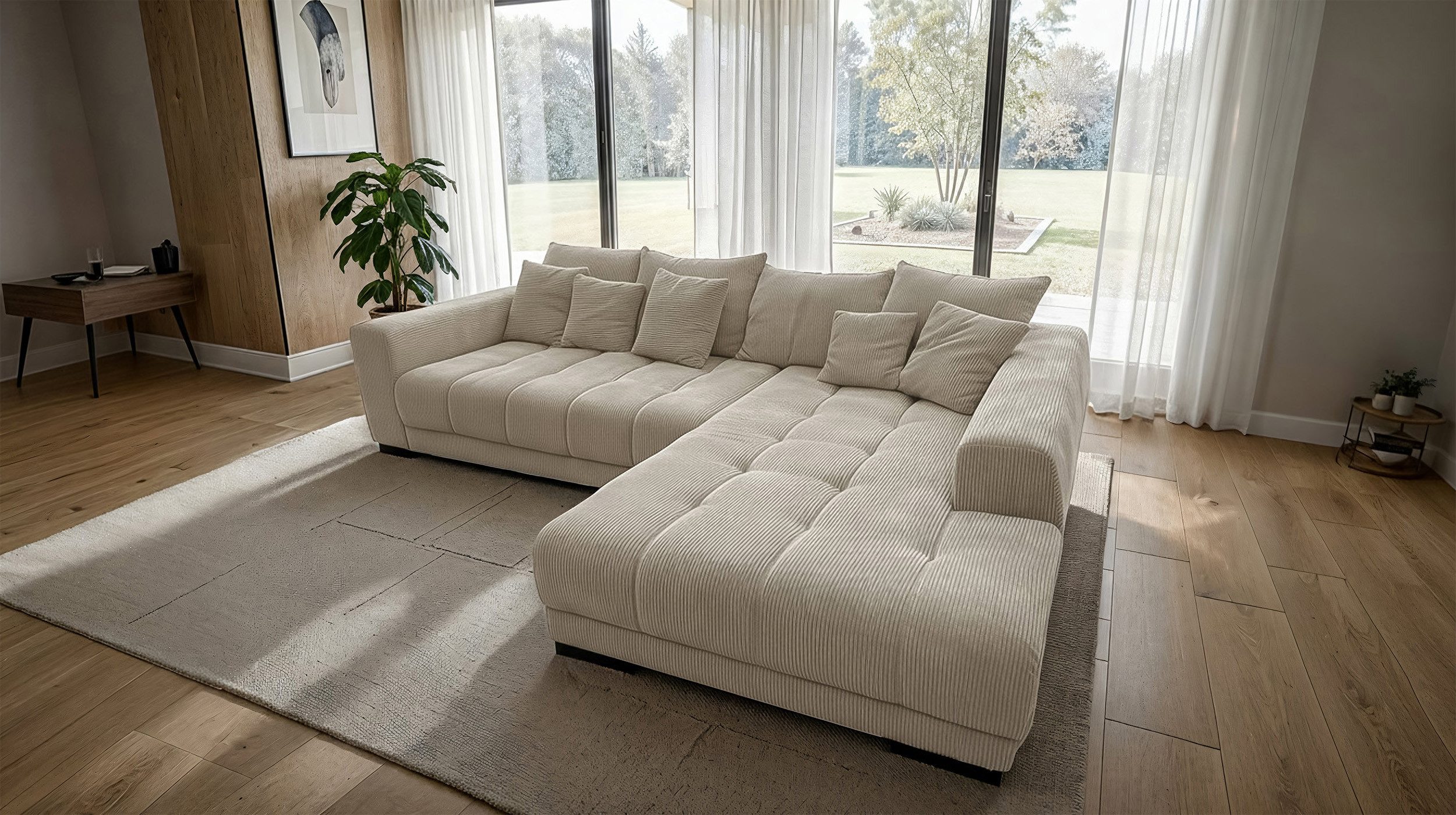 Massivart® Ecksofa Cord 300x215 cm / Nosagfederung / L-Form Cordsofa / ARTEMIS, inkl. Kissen-Set · frei im Raum stellbar