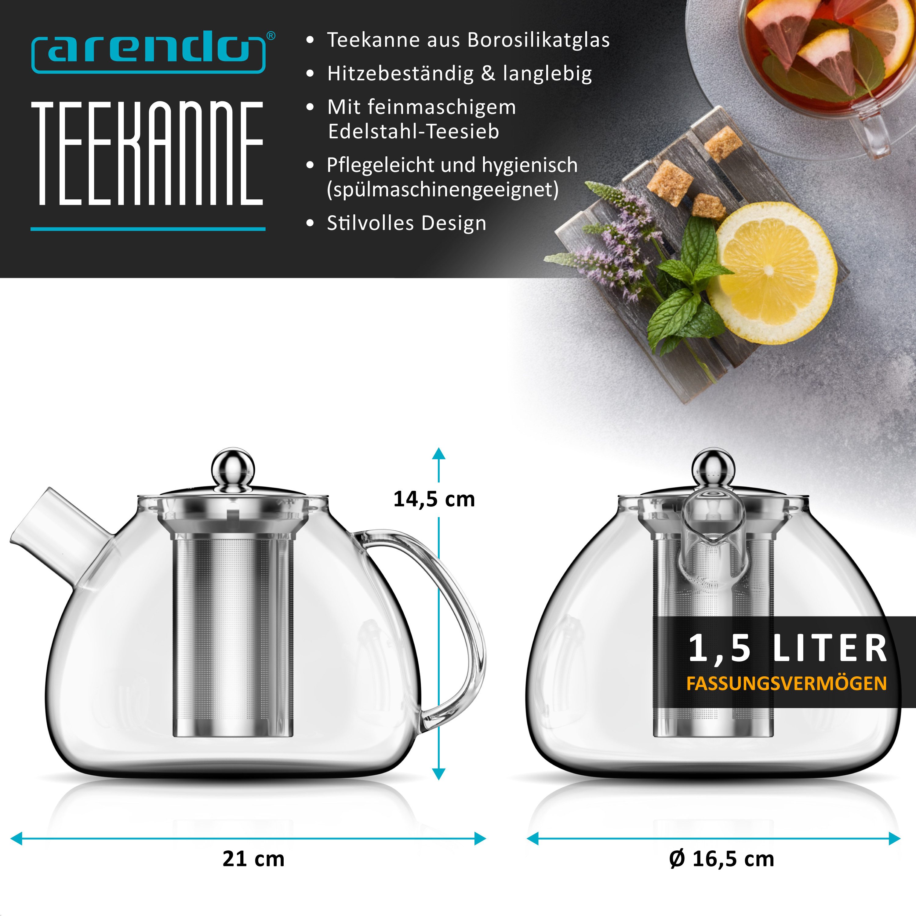 Arendo Teekanne Teebereiter für losen Tee, Kräuter & Früchtetee ideal für Kaltaufgüsse, 1,5 l, (Set, Glas Kanne, Teesieb), Borosilikatglas, hitzebeständig, inkl. feinmaschigem Edelstahlsieb