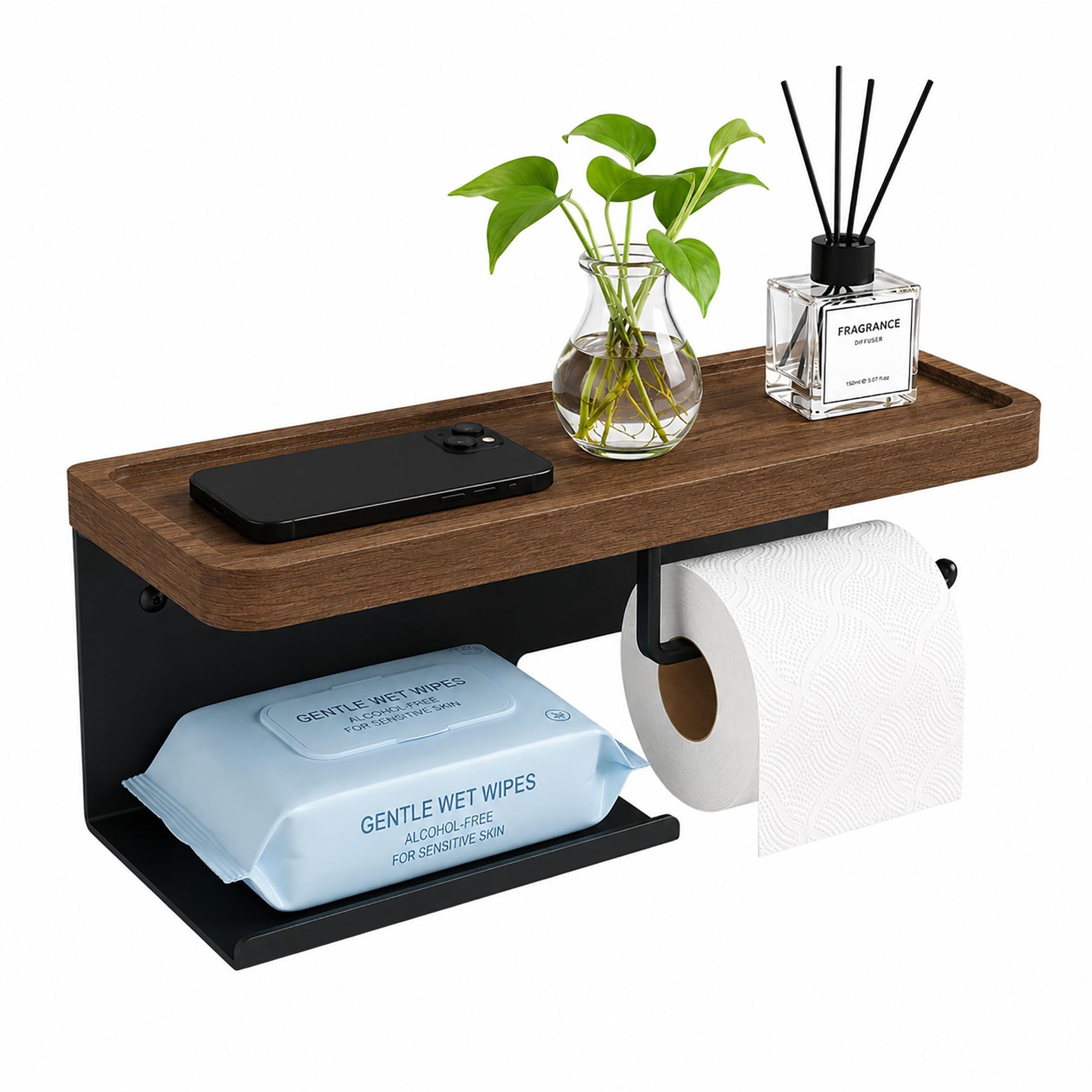 Diwzbyn Toilettenpapierhalter Toilettenpapierhalter mit Holzablage, SUS304 Edelstahl, Walnussablage, Selbstklebend oder Schraubmontage