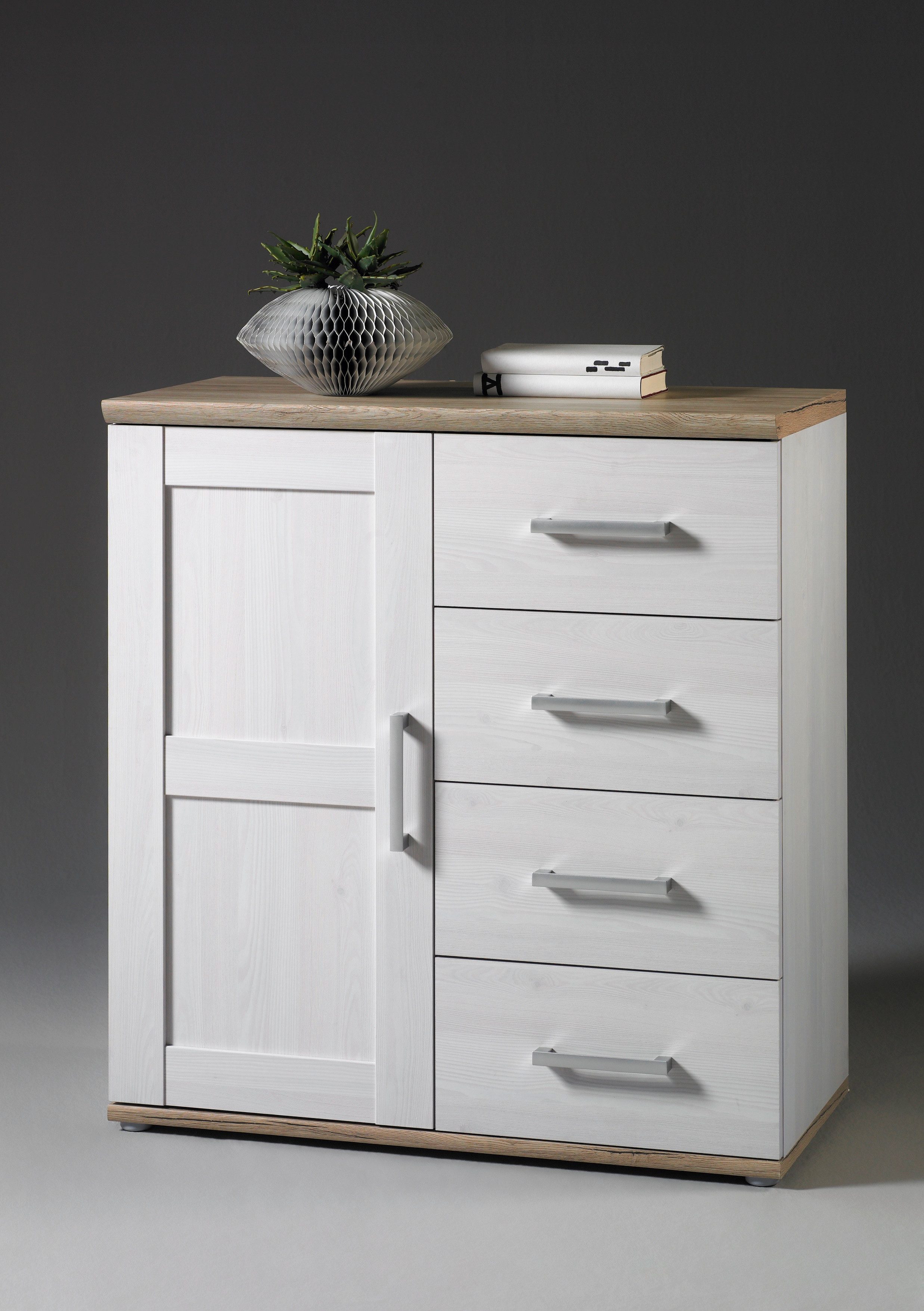 HBZ Kommode Romance im Landhaustil, BxHxT 93x99x45 cm, Schrank mit 1 Tür, 4 Schubkästen und 2 Einlegeböden