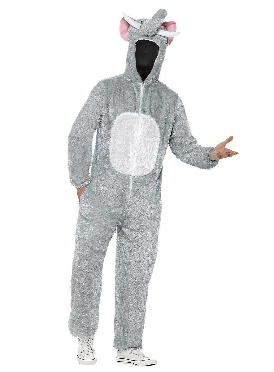 Smiffys Kostüm Flauschiger Elefant Kapuzenoverall Kostüm, Gemütlicher Einteiler mit Tierkapuze