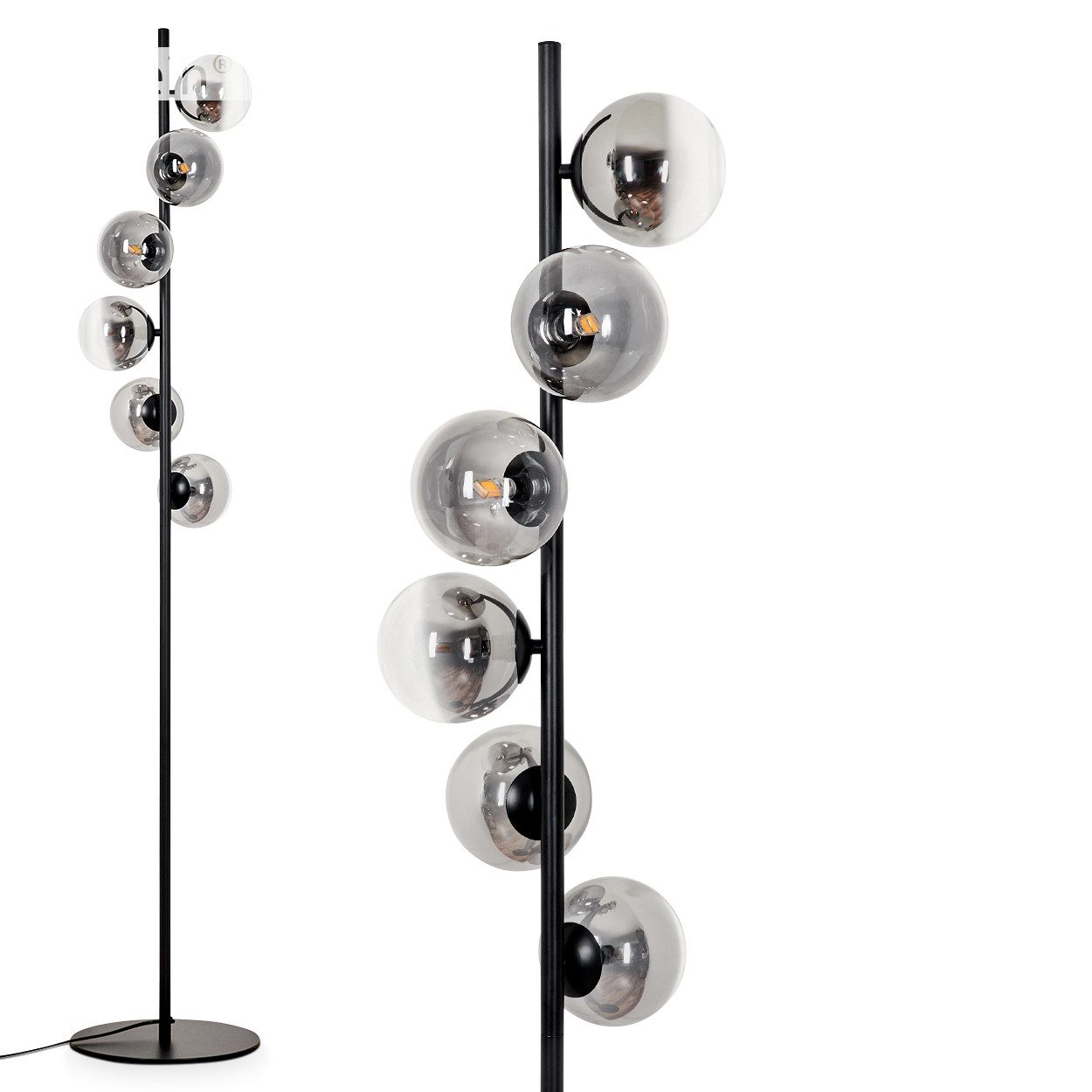 Stehlampe Stehlampe aus Metall/Glas in Schwarz/Rauchfarben/Klar