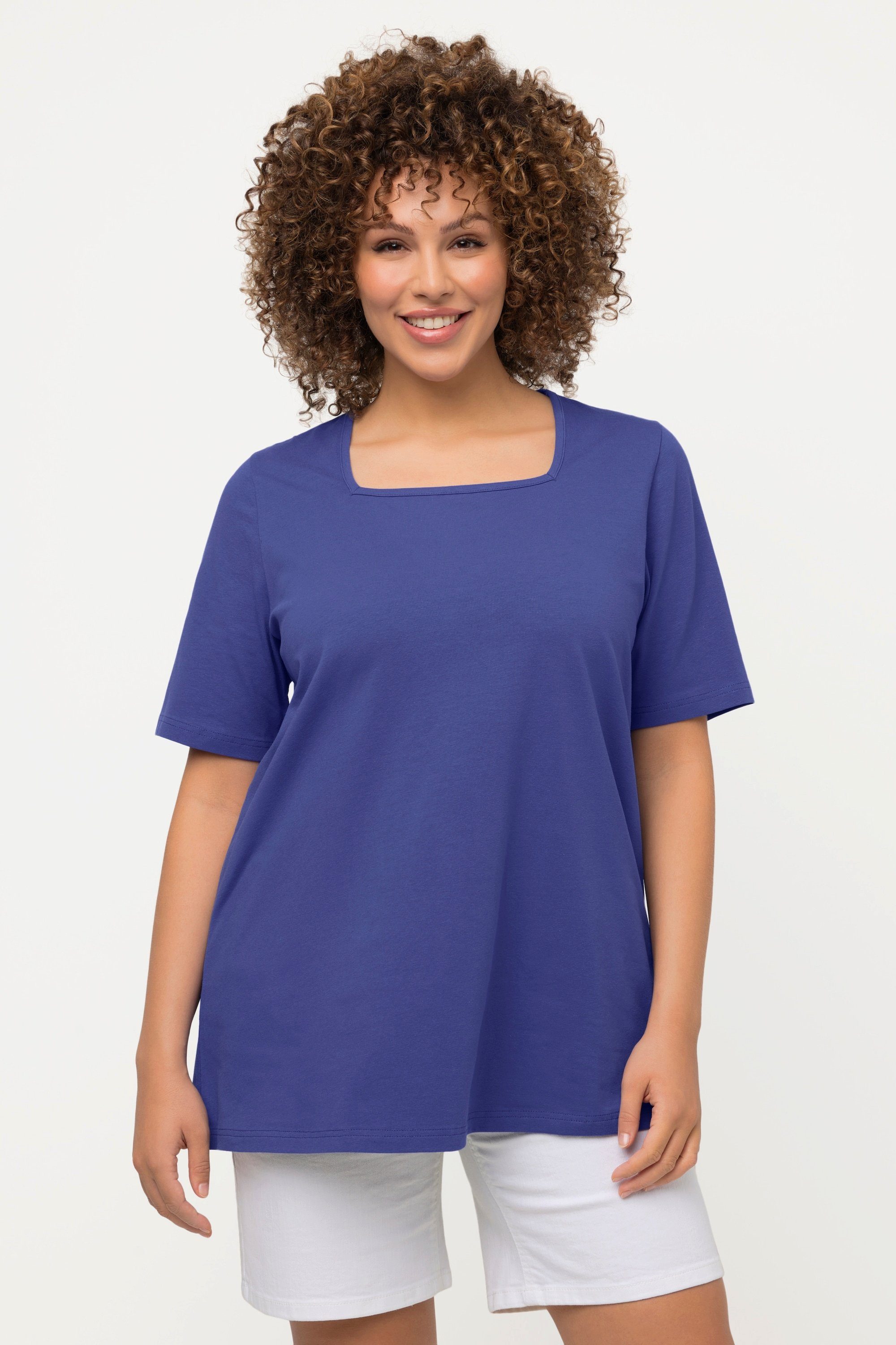 Ulla Popken Rundhalsshirt T-Shirt A-Linie Carree-Ausschnitt Halbarm blau