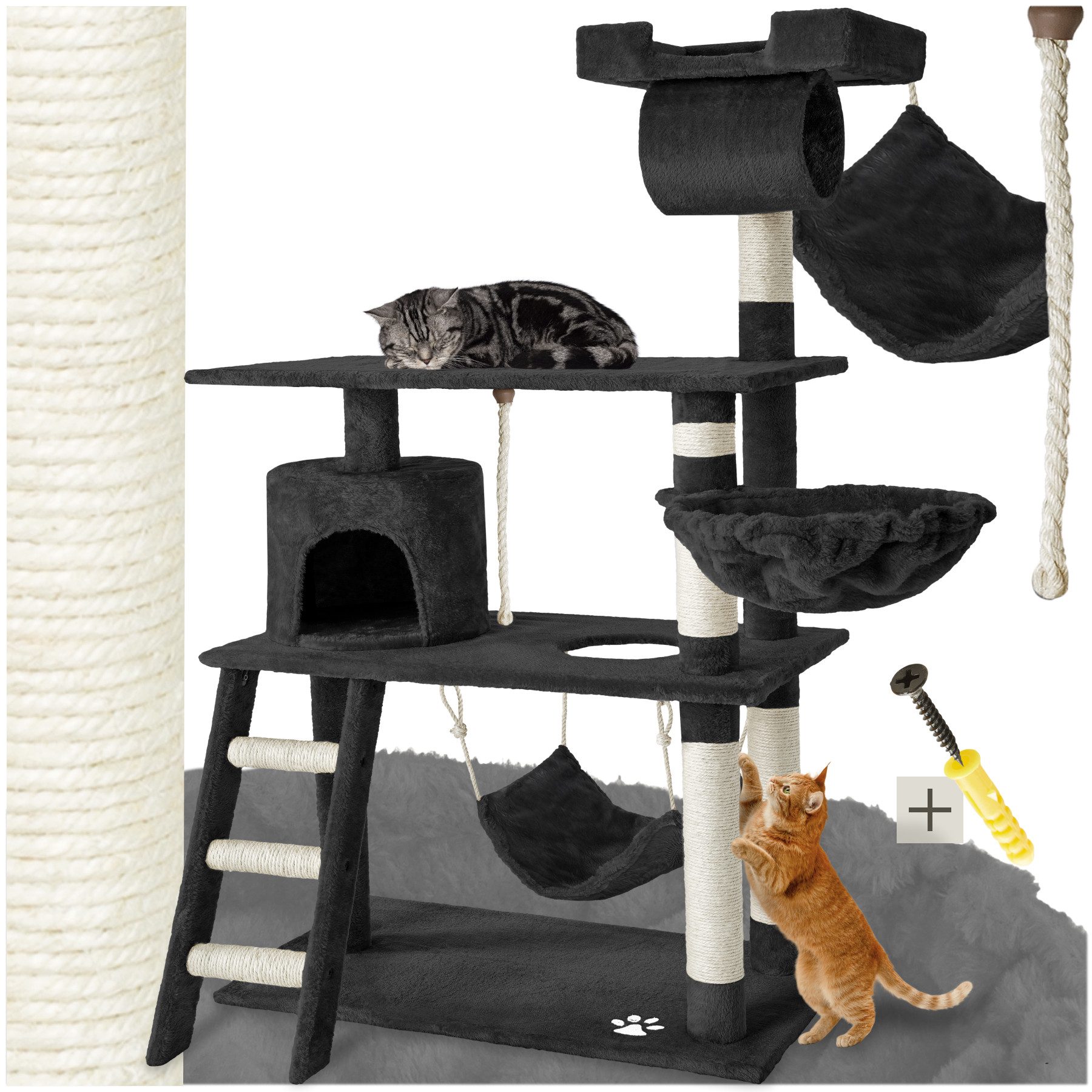tectake Kratzbaum Katzenbaum Marcel 141 cm Diverse Farben - Schwarz, Vielseitig mit robusten Sisalstangen und Plüschoberfläche
