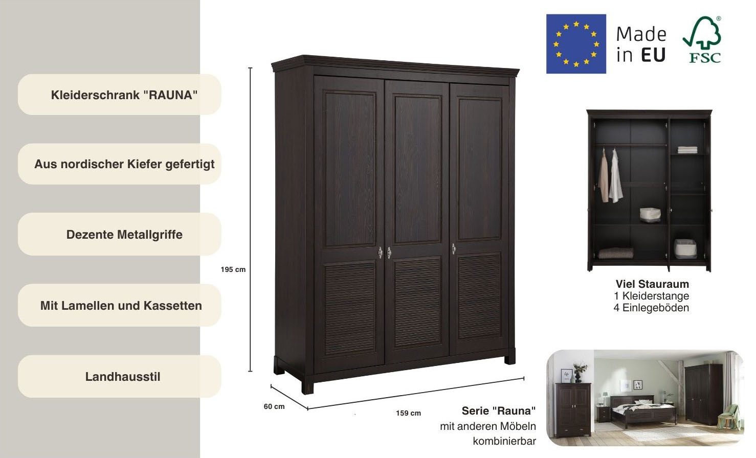 OTTO home Kleiderschrank Rauna, mit Lamellen und Kassetten, klassischer Landhausstil, rustikal (2 Breiten: 113/159 cm H/T ca. 195/60 cm) massive Kiefer, Metallgriffe, mehrere Varianten, zeitloses Design