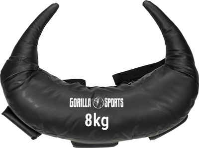 GORILLA SPORTS Gewichtssack Bulgarian Bag, 5kg/8kg/12kg/17kg/22,5kg, Krafttraining Tasche, Schwarz, Schlaufen aus Kunstleder - Sandsack, Power Bag, Fitness