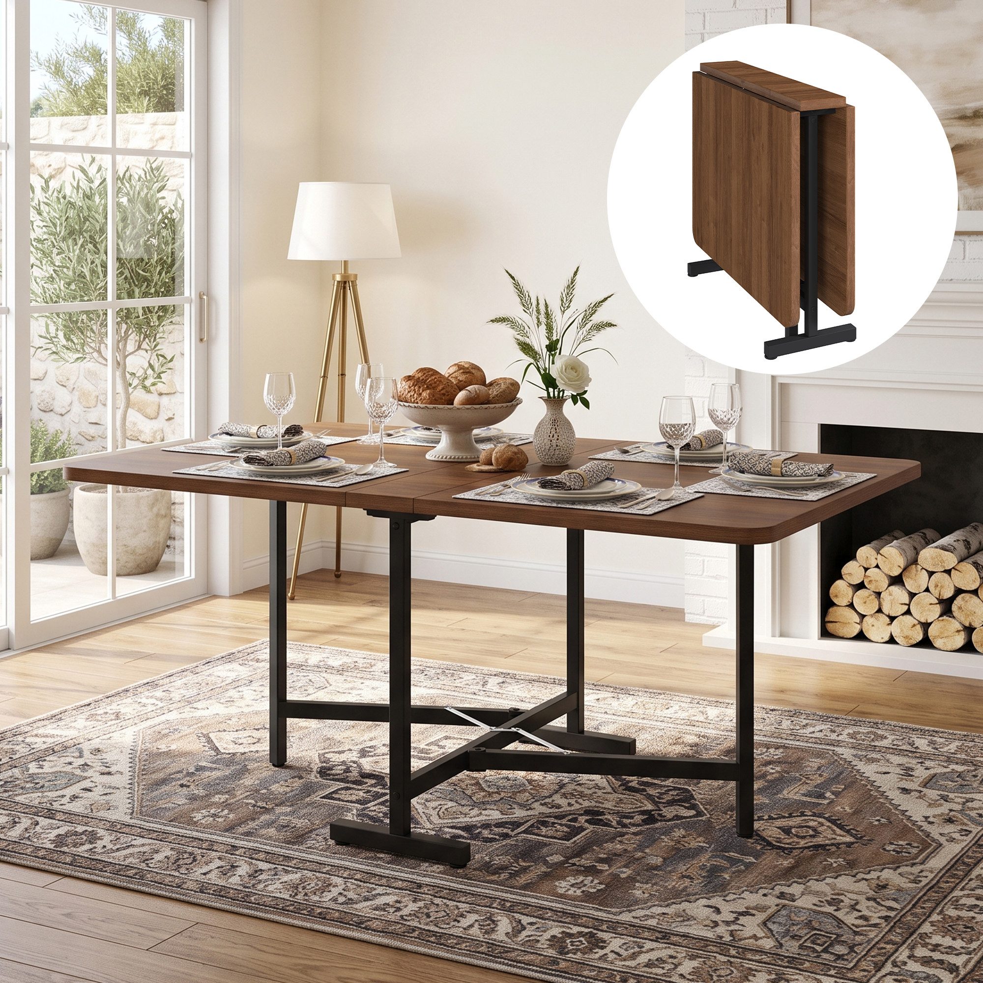 BBWL Esstisch Ausziehbarer Klapptisch in natürlicher Holzoptik 120 x 80 cm (faltbar und platzsparend moderner minimalistischer Stil mit hochfester Legierungsstütze robuste MDF-Oberfläche klassisches Design ideal für kleine Räume belastbar bis 60 kg geeignet für moderne traditionelle und kompakte Wohnräume pflegeleicht und langlebig)