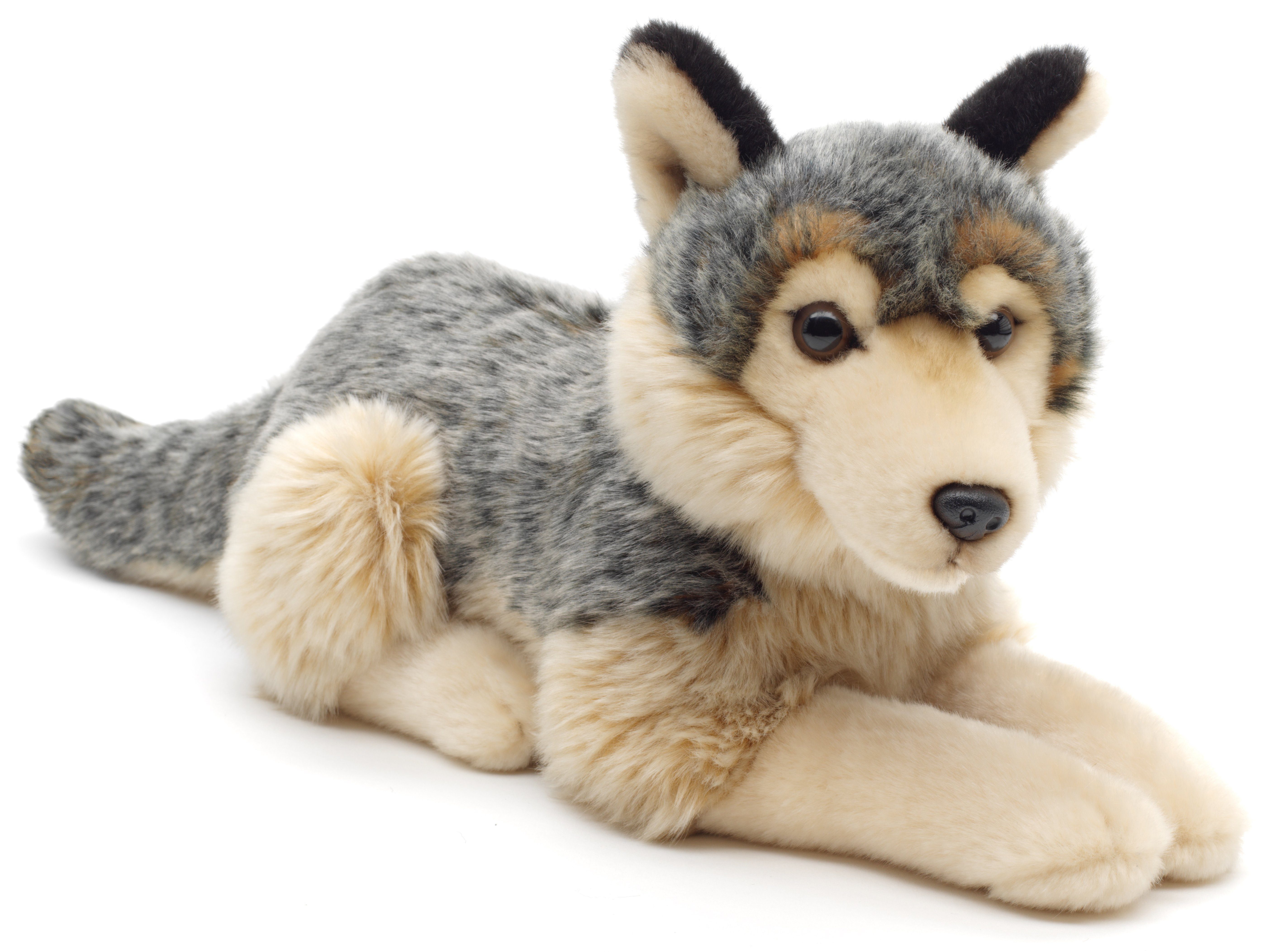 Uni-Toys Kuscheltier Grauwolf, liegend - 30 cm (Länge) - Plüsch-Wolf, Lupus - Plüschtier, zu 100 % recyceltes Füllmaterial