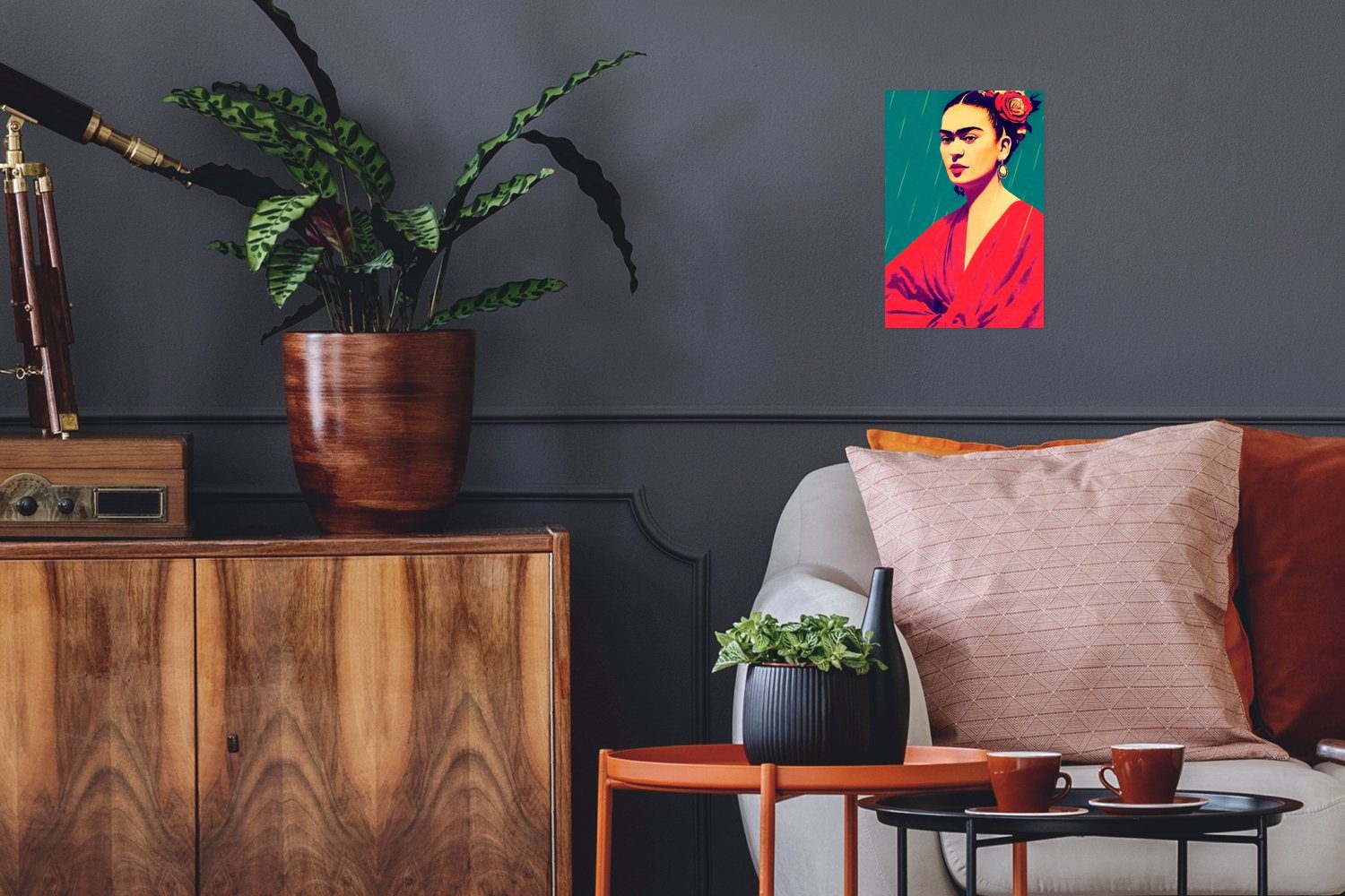 MuchoWow Poster Porträt - Frida Kahlo - Frau - Vintage - Rot, (1 St), Poster, Wandbild, Wandposter für Wohnzimmer, Ohne Rahmen