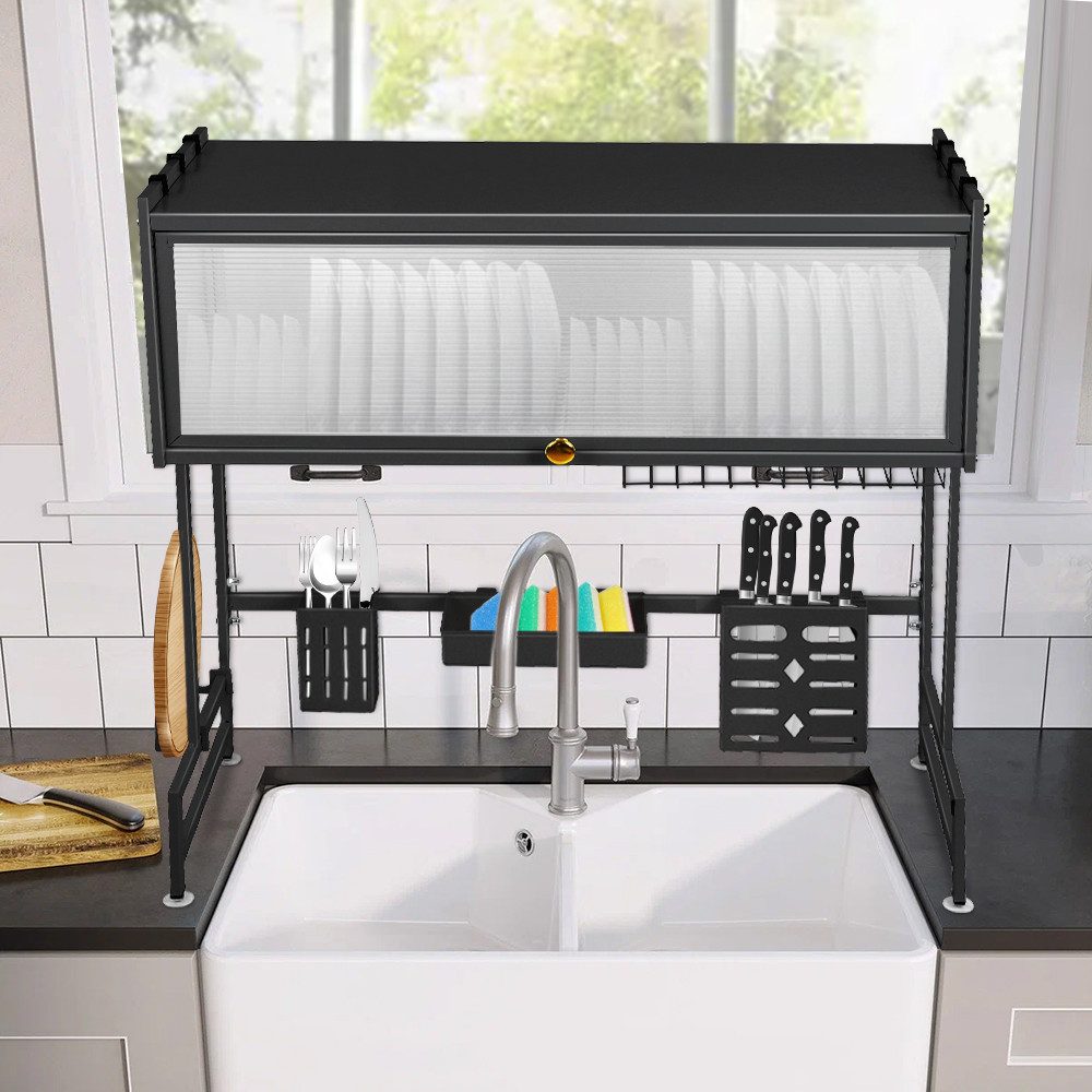 JEOBEST Geschirrständer Abtropfständer über der Spüle mit Abdeckung, Dish Rack, mit Messerhalterung, Utensilien-Halter, Schneidebrettständer, Stahl – Bild 4 von 5