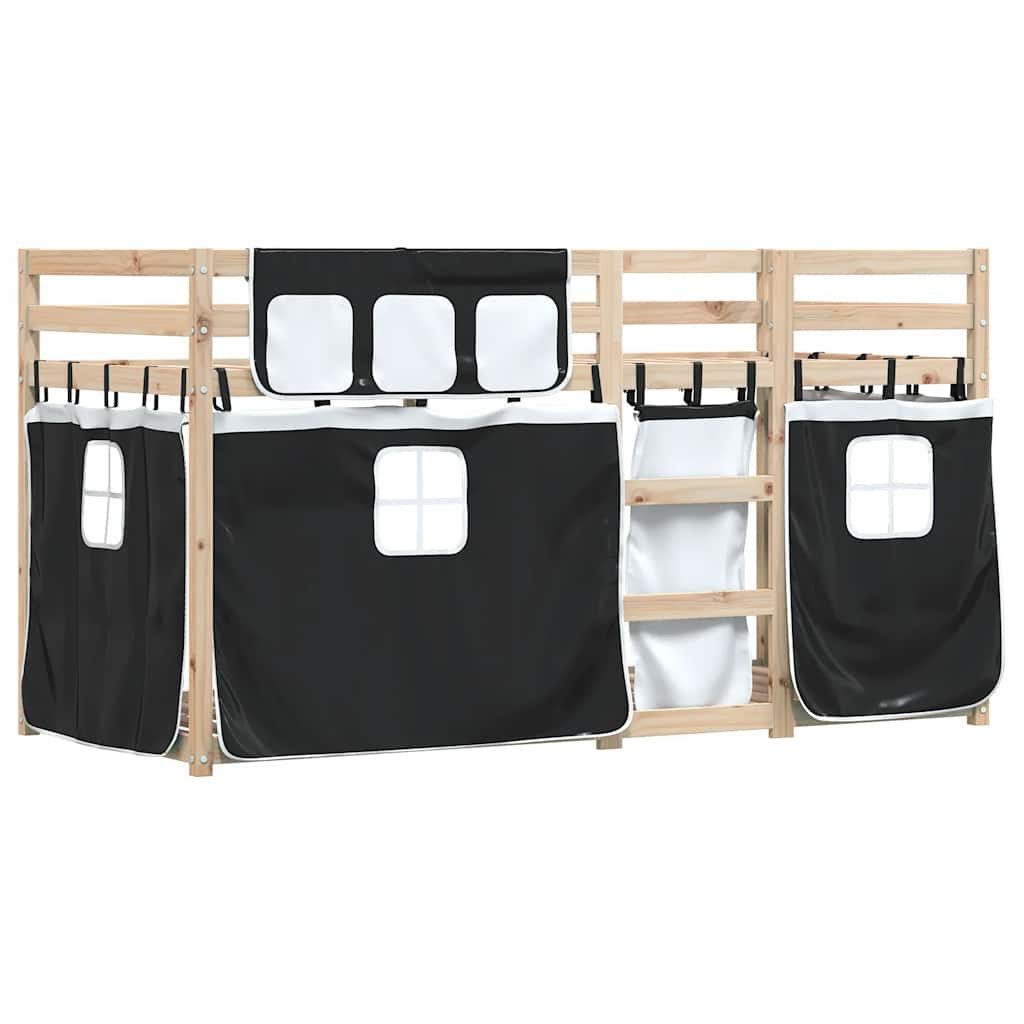 vidaXL Bett Etagenbett mit Vorhängen Weiß Schwarz 90x200 cm Kiefernholz