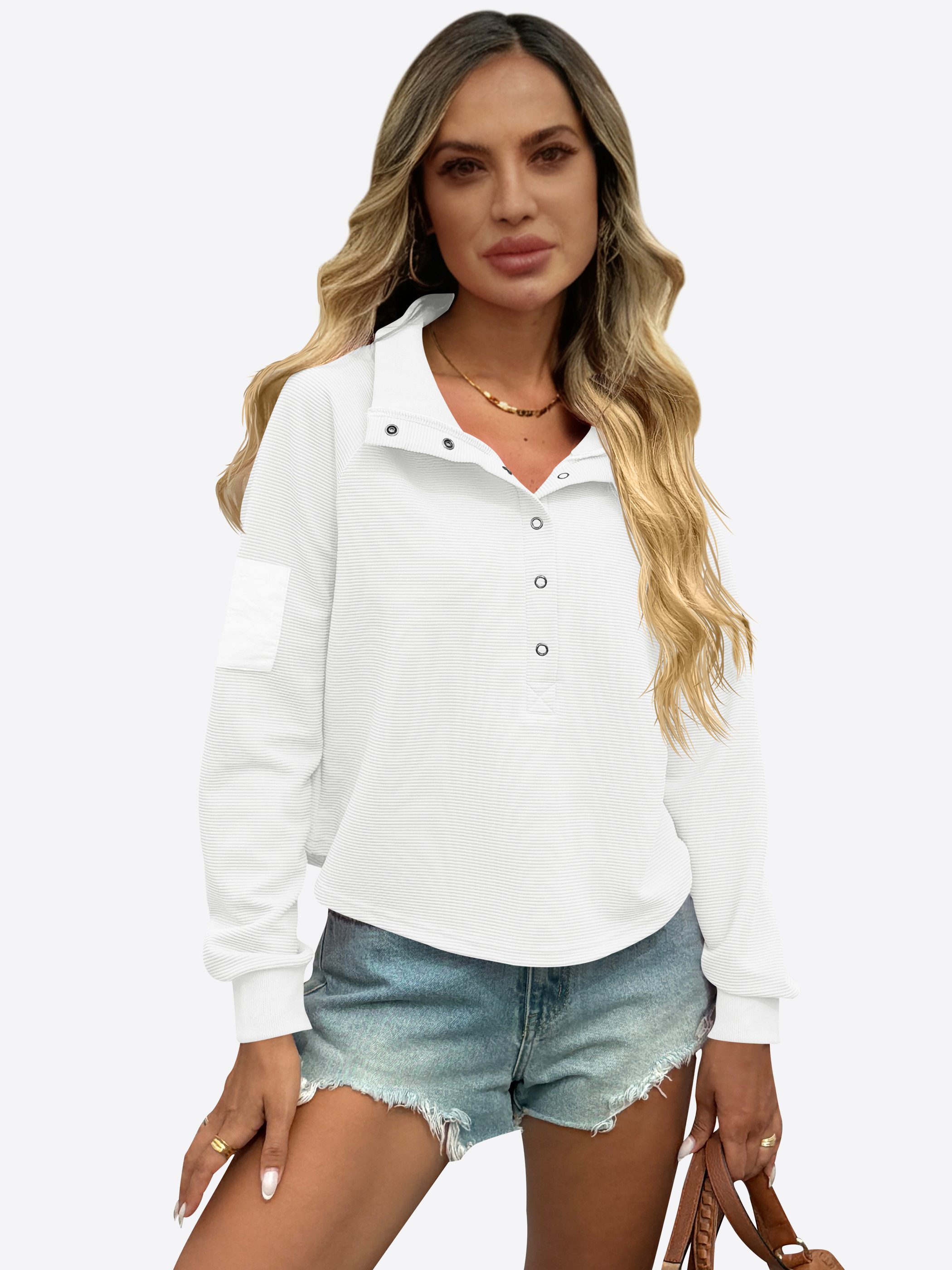 Imily Bela Sweatshirt Damen Kurzes Pullover mit Henley (Packung, 1-tlg., 1per-Pack) mit Druckknopf